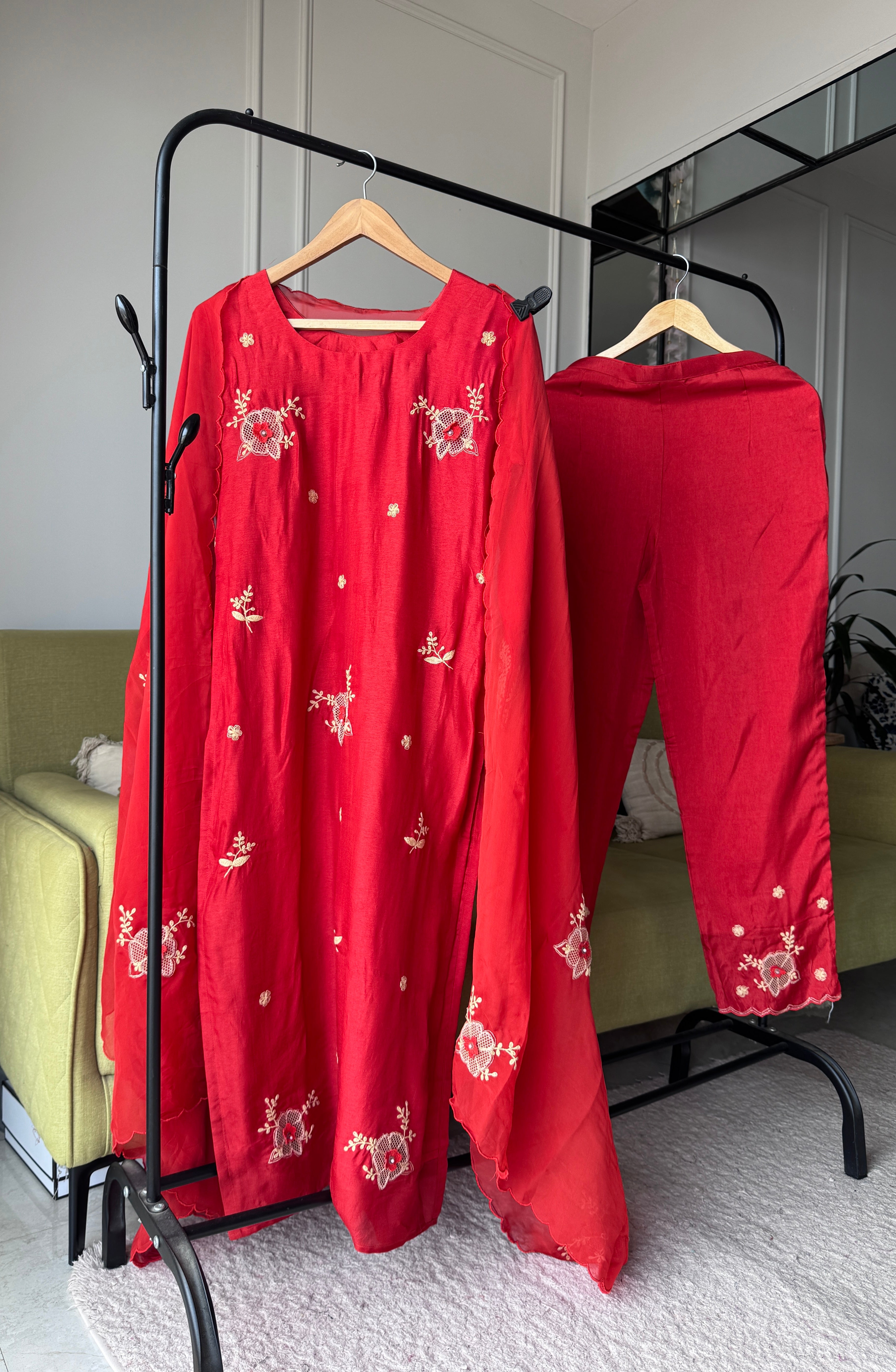 Rasika Embroided Russian Silk Dress-Rust