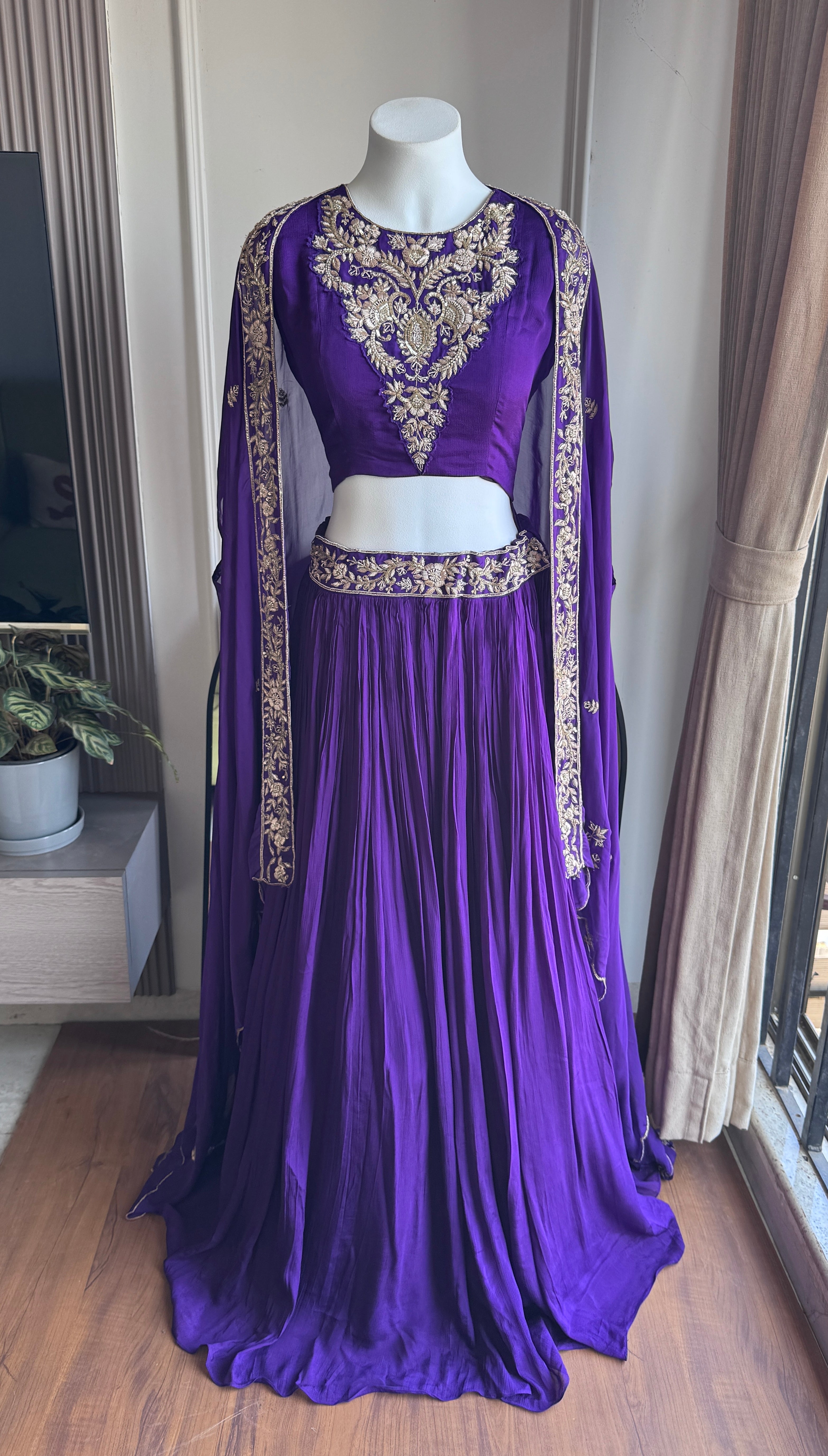 Sita Hand work padded blouse with cancan Lehenga and cover up - Purple (Make to Order)