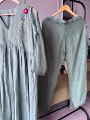 Shrishti Embroided Mul Chanderi Dress- Rama Green