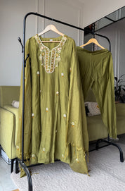 Shilpa Embroided Mul Chanderi Dress-Mehndi Green