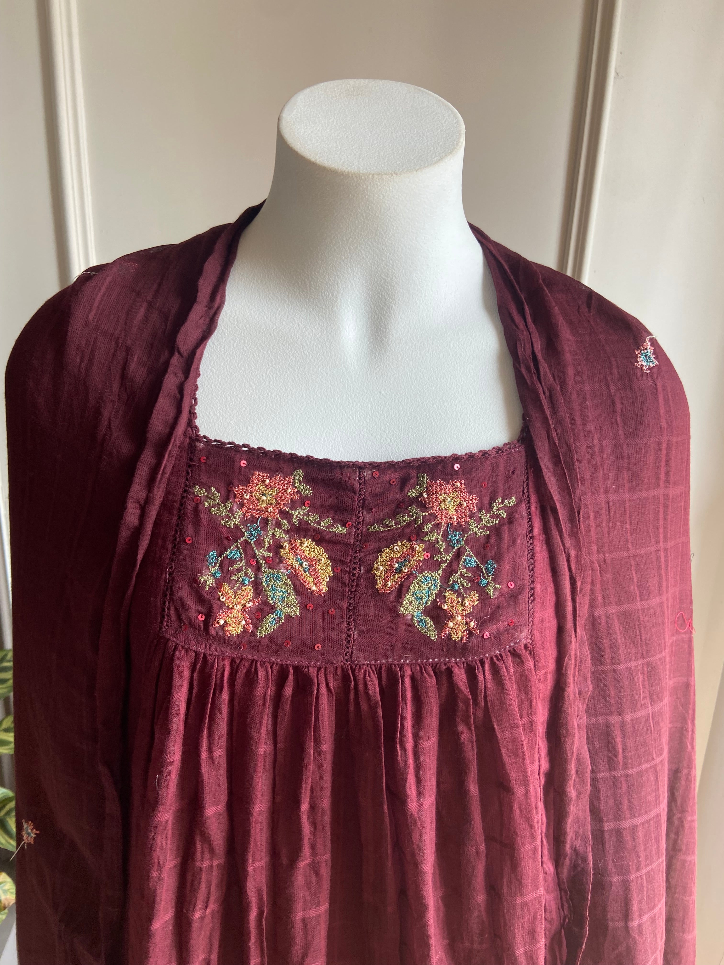Somya pure mul cotton embroidered dress- wine