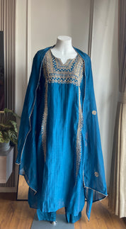 Twinkle Hand Work Mul Chanderi Dress- Blue