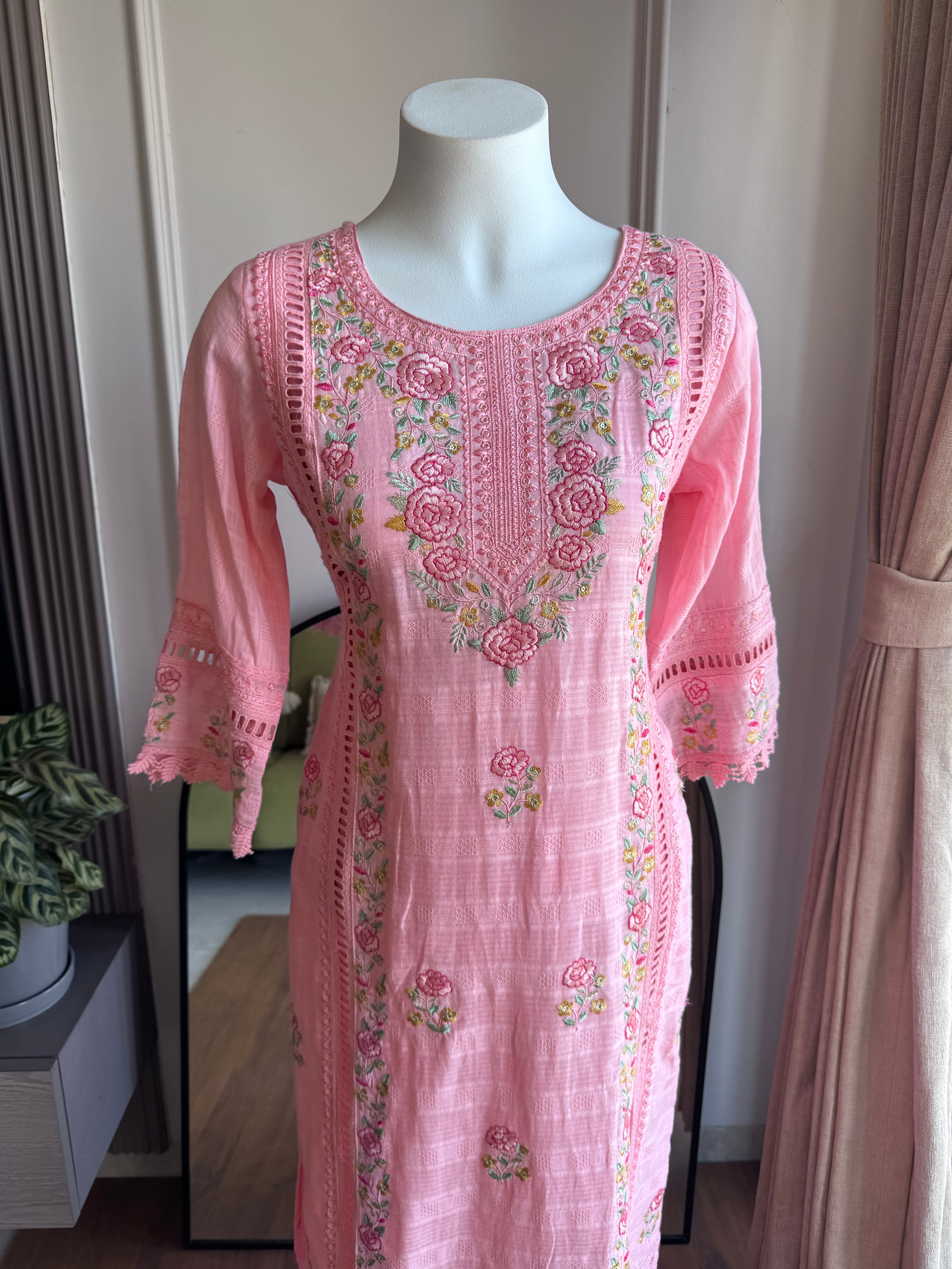 Hrishika Embroidered Rose Dress- Baby Pink