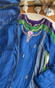 Sunaina Striped Tissue with Mul Chanderi Dress- Blue