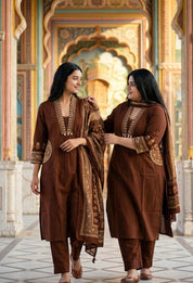 Pamela Embroidery Cotton Dress - Brown