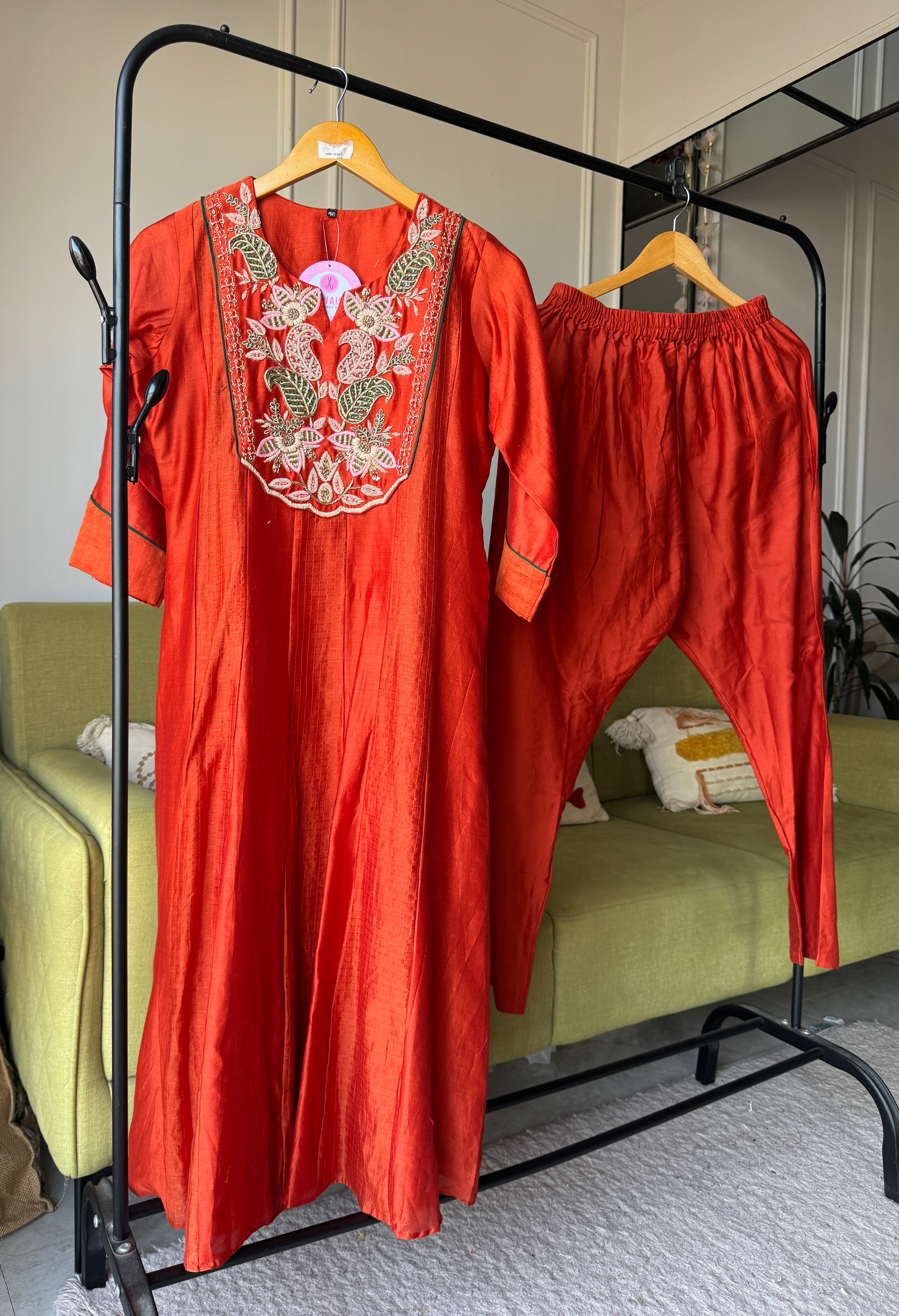 Rinki Handwork Mul Chanderi Dress- Rust