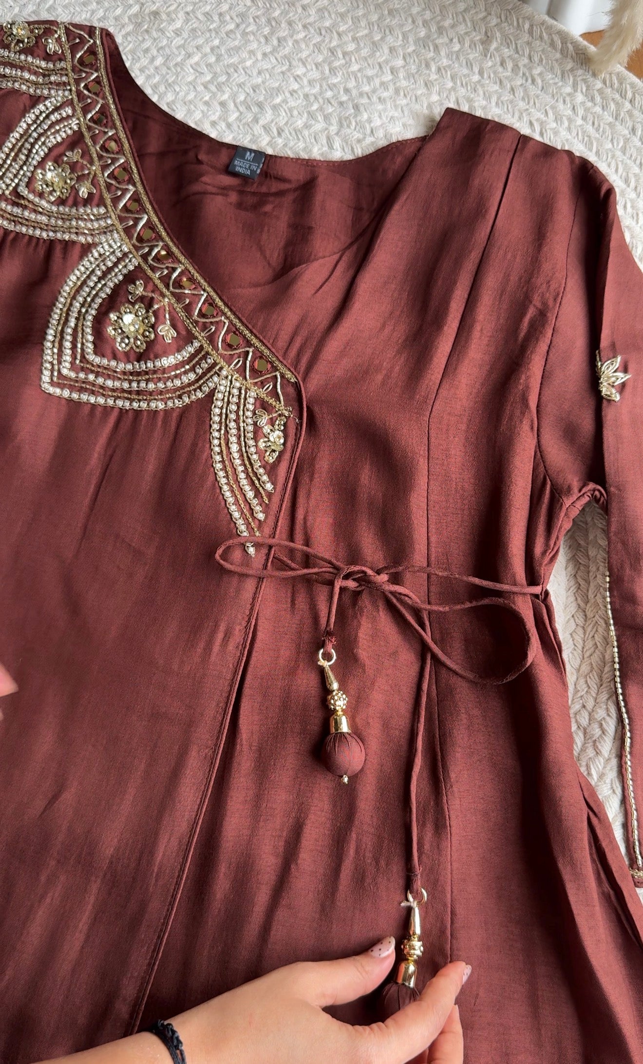 Aditi Short Kurta Hand Work Angrakha Dress-Brown