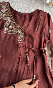 Aditi Short Kurta Hand Work Angrakha Dress-Brown