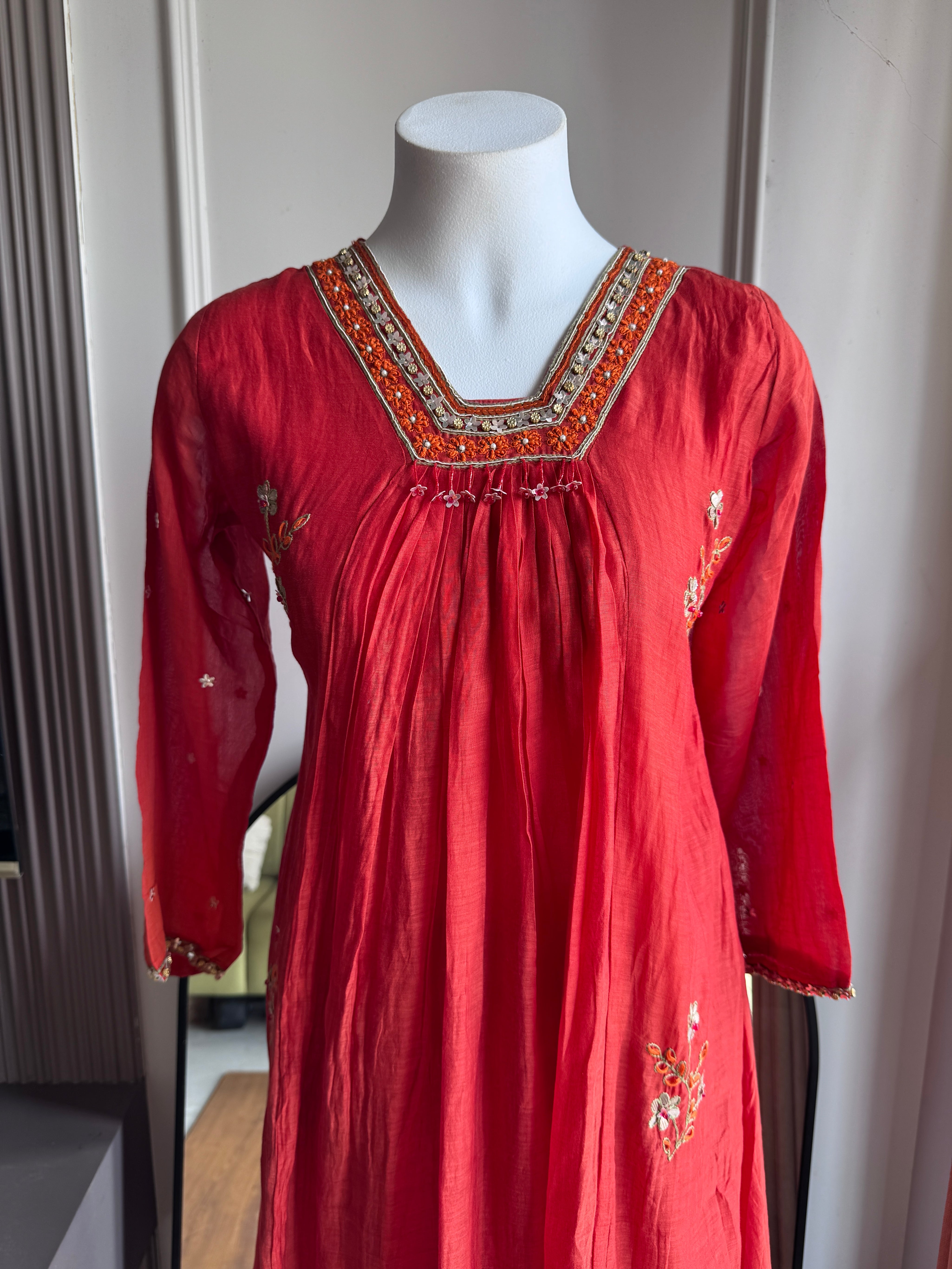 Nishtha Handwork Mul Chanderi Aline Dress- Rust