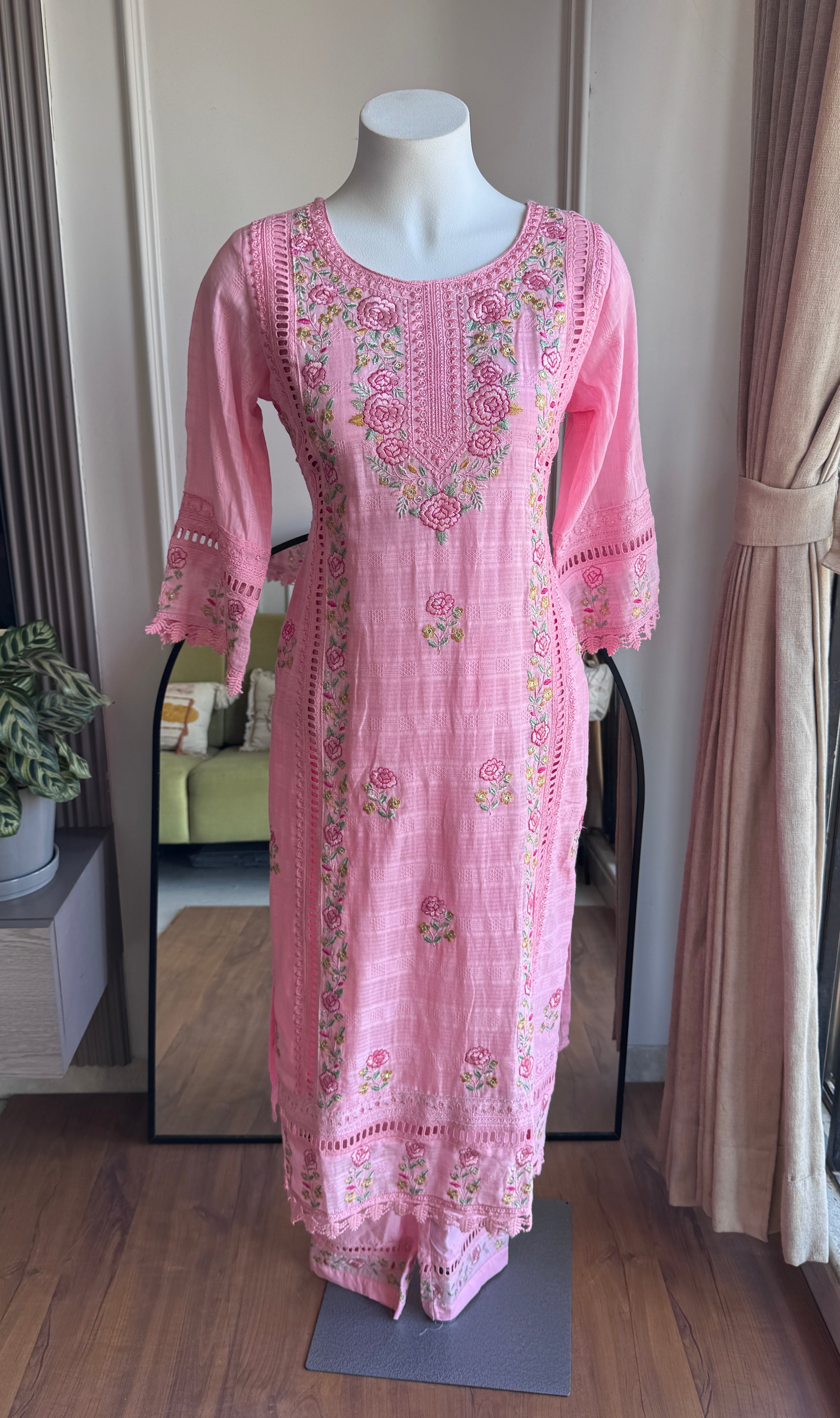 Hrishika Embroidered Rose Dress- Baby Pink