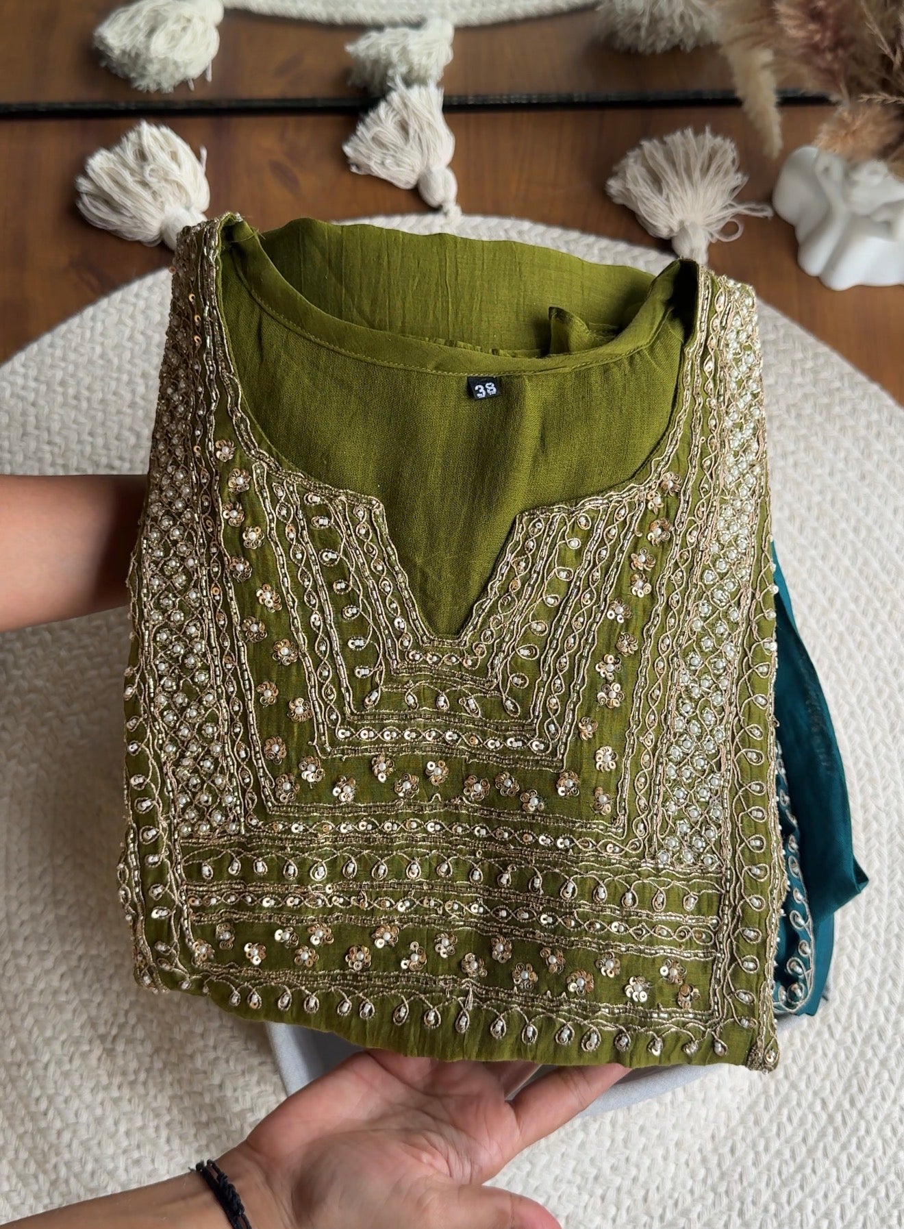 Twinkle Hand Work Mul Chanderi Dress- Mehndi Green