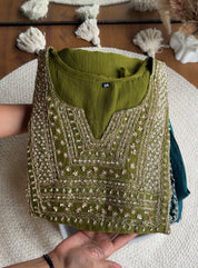 Twinkle Hand Work Mul Chanderi Dress- Mehndi Green