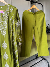 Zhalak Thread Work Side Cut Dress- Green