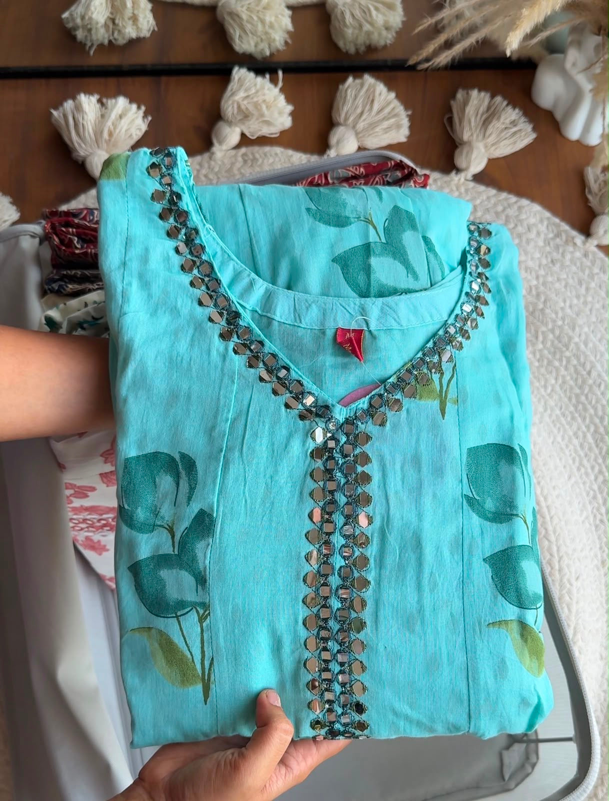 Brush Print Cotton Anarkali Dress- Sky Blue
