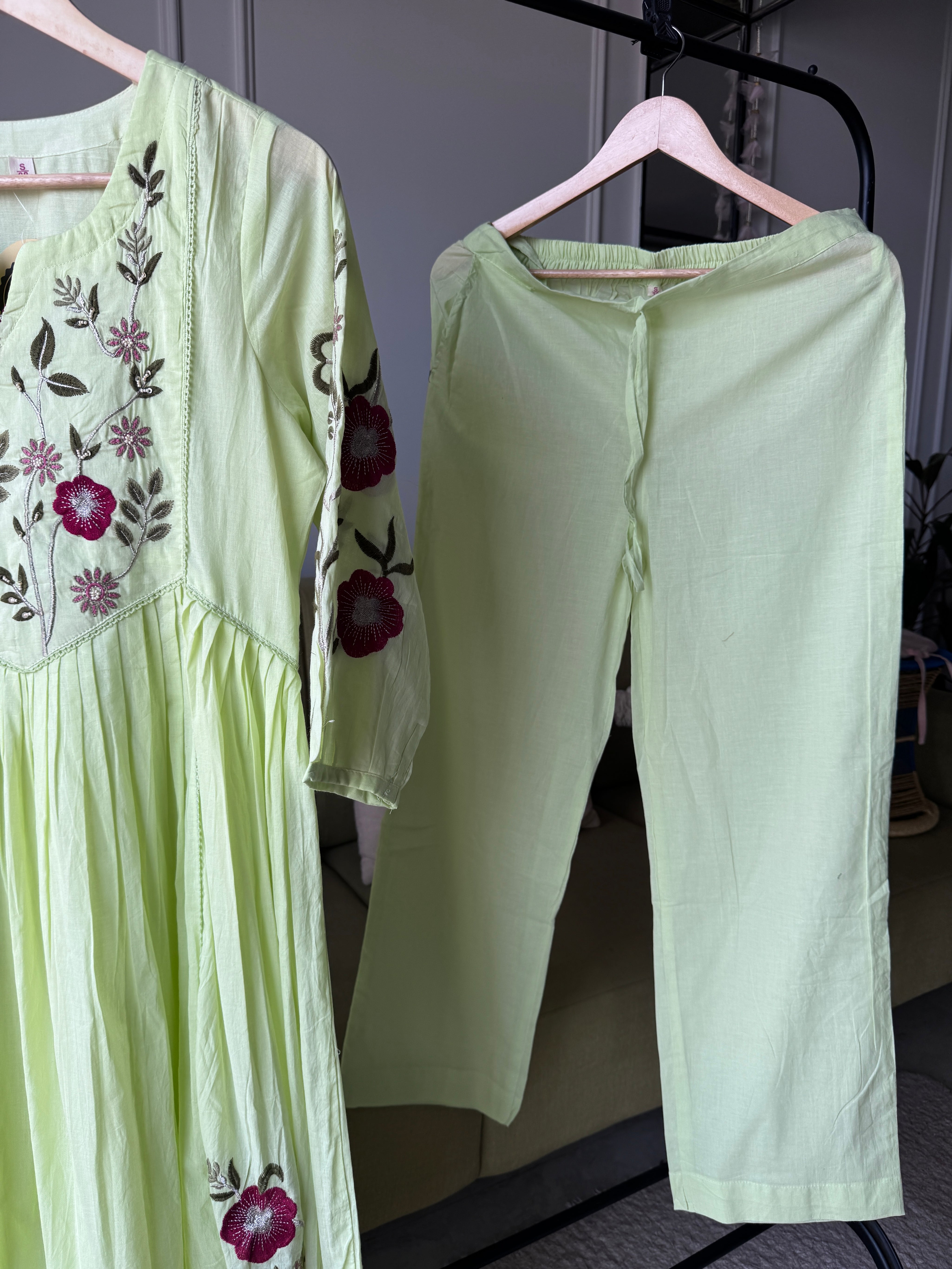 Sobha Embroided Mul Cotton Dress- Mint Green