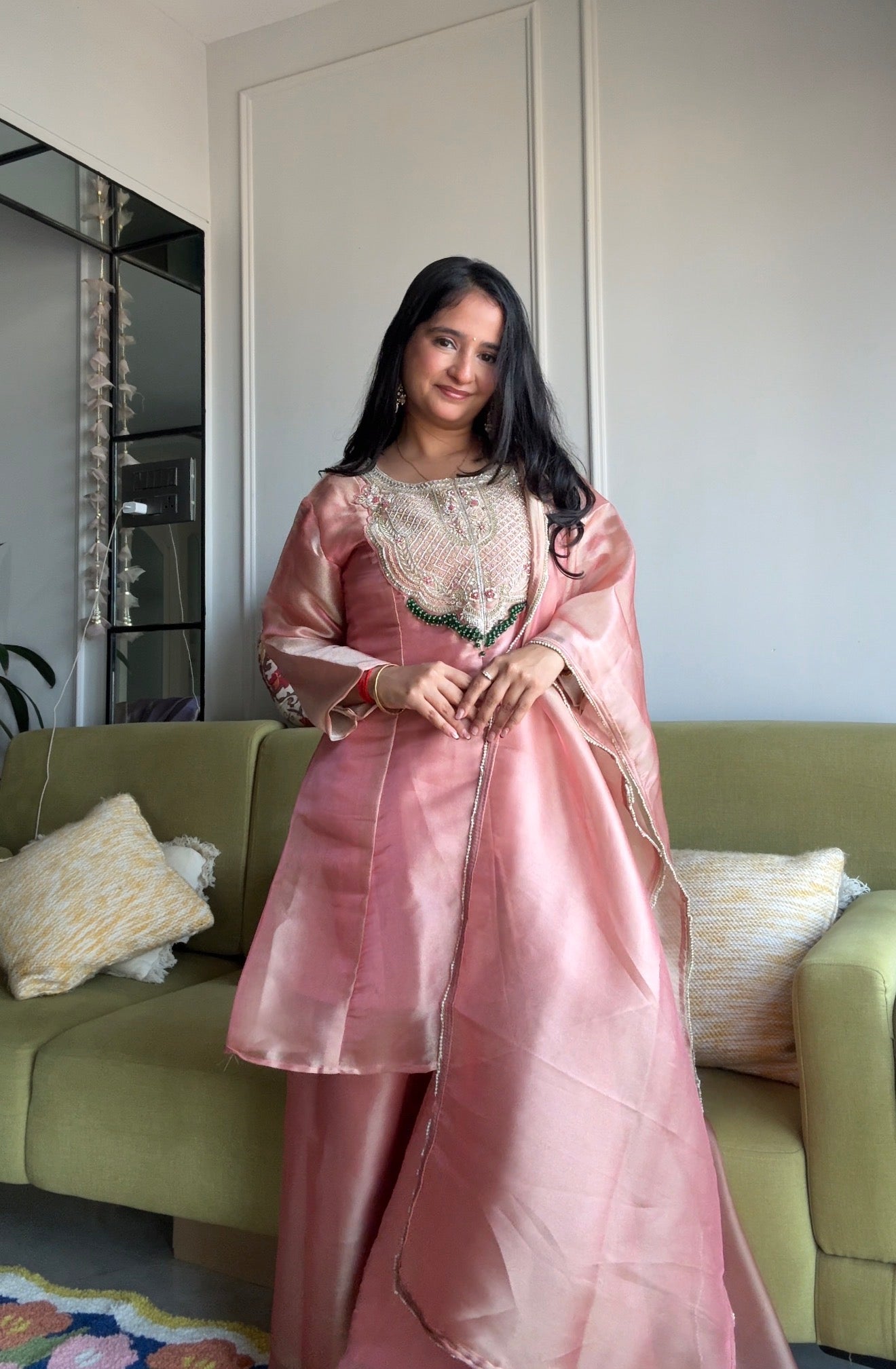 Shanaya Organza Emerald Necklaces Yoke Short Kurta With Plazzo- Baby Pink