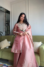 Shanaya Organza Emerald Necklaces Yoke Short Kurta With Plazzo- Baby Pink