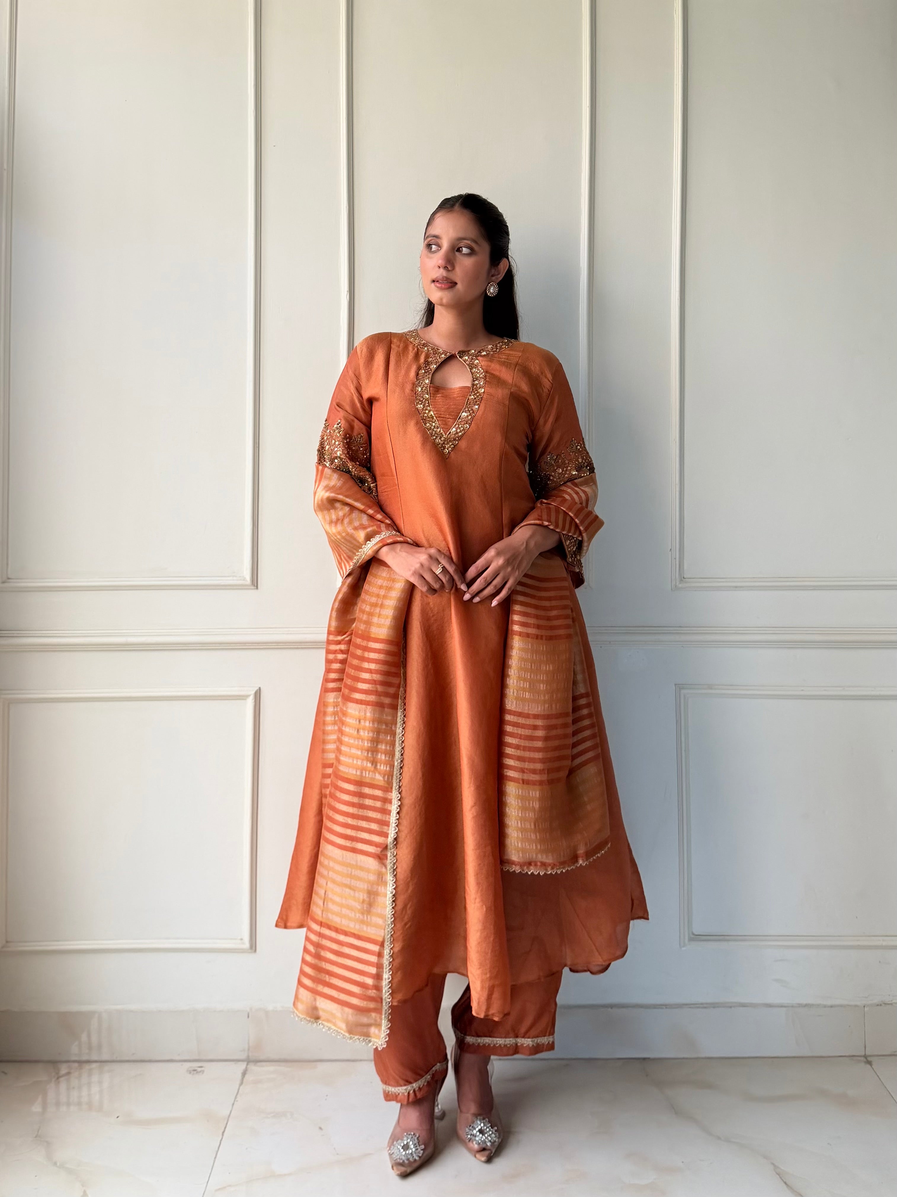 Kinjal Heavy Hand Zardosi Dress- Orange