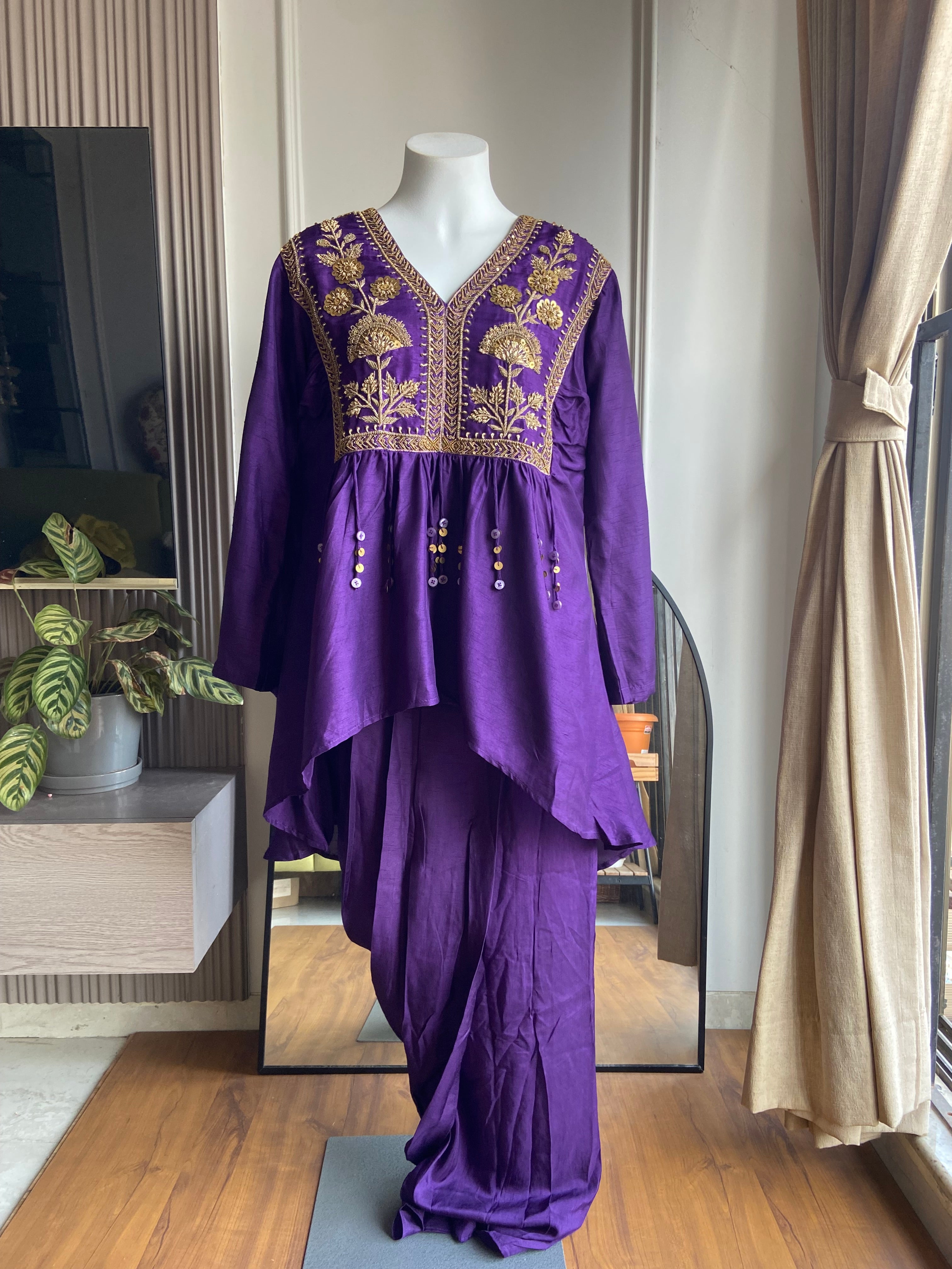 Natasha  deep purple satin embroidered v-neck short  tunic paired with matching dhoti