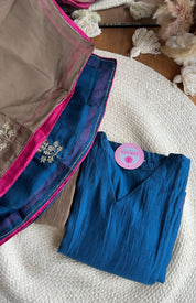 Sneha V Neck Mul Chanderi Dress- Blue
