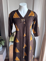 Aachal Print Cotton Dress- Brown
