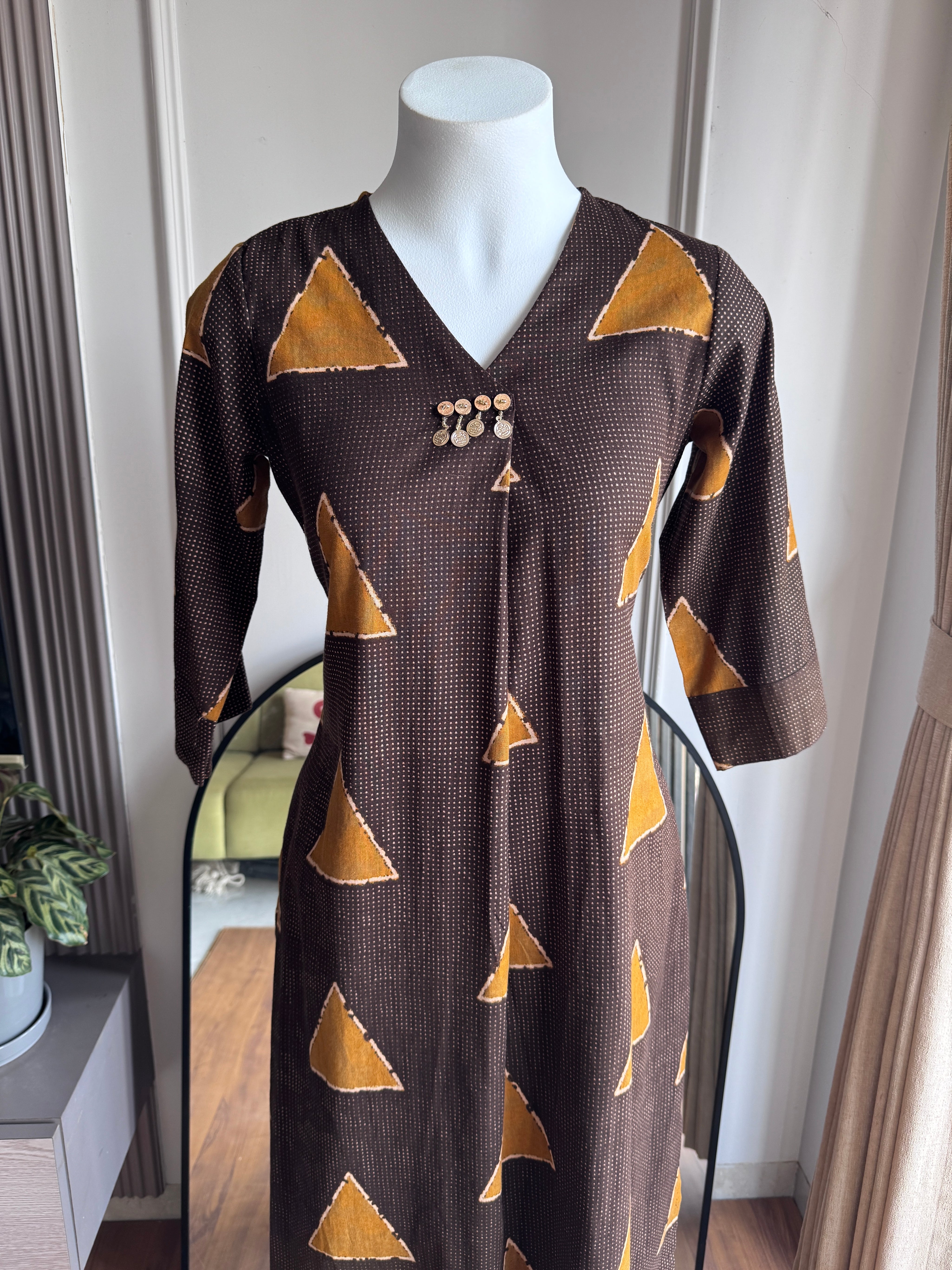 Aachal Print Cotton Dress- Brown
