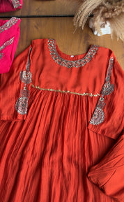 Reshma Handwork Round Neck Dress-Orange
