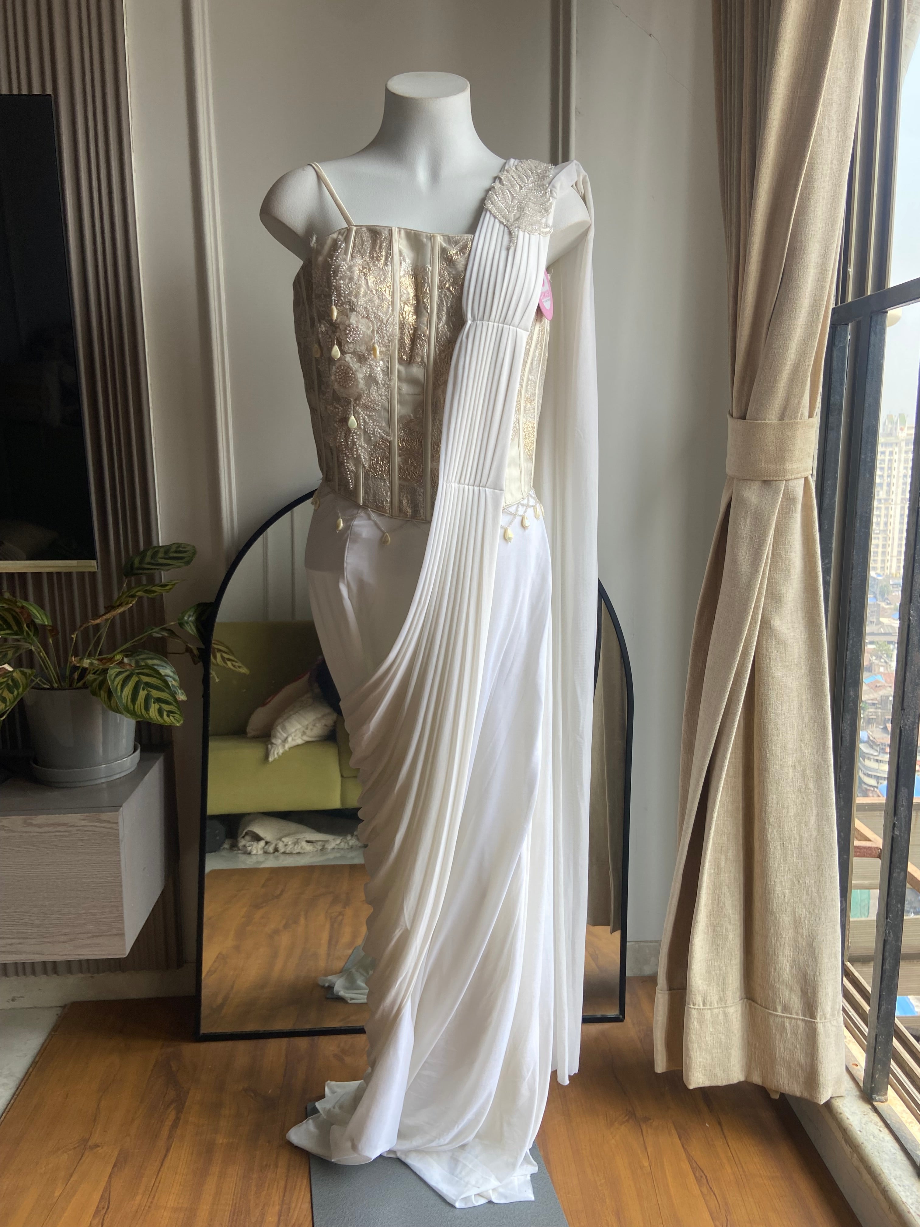 Baby white corset Drape saree with designer hand embroidered