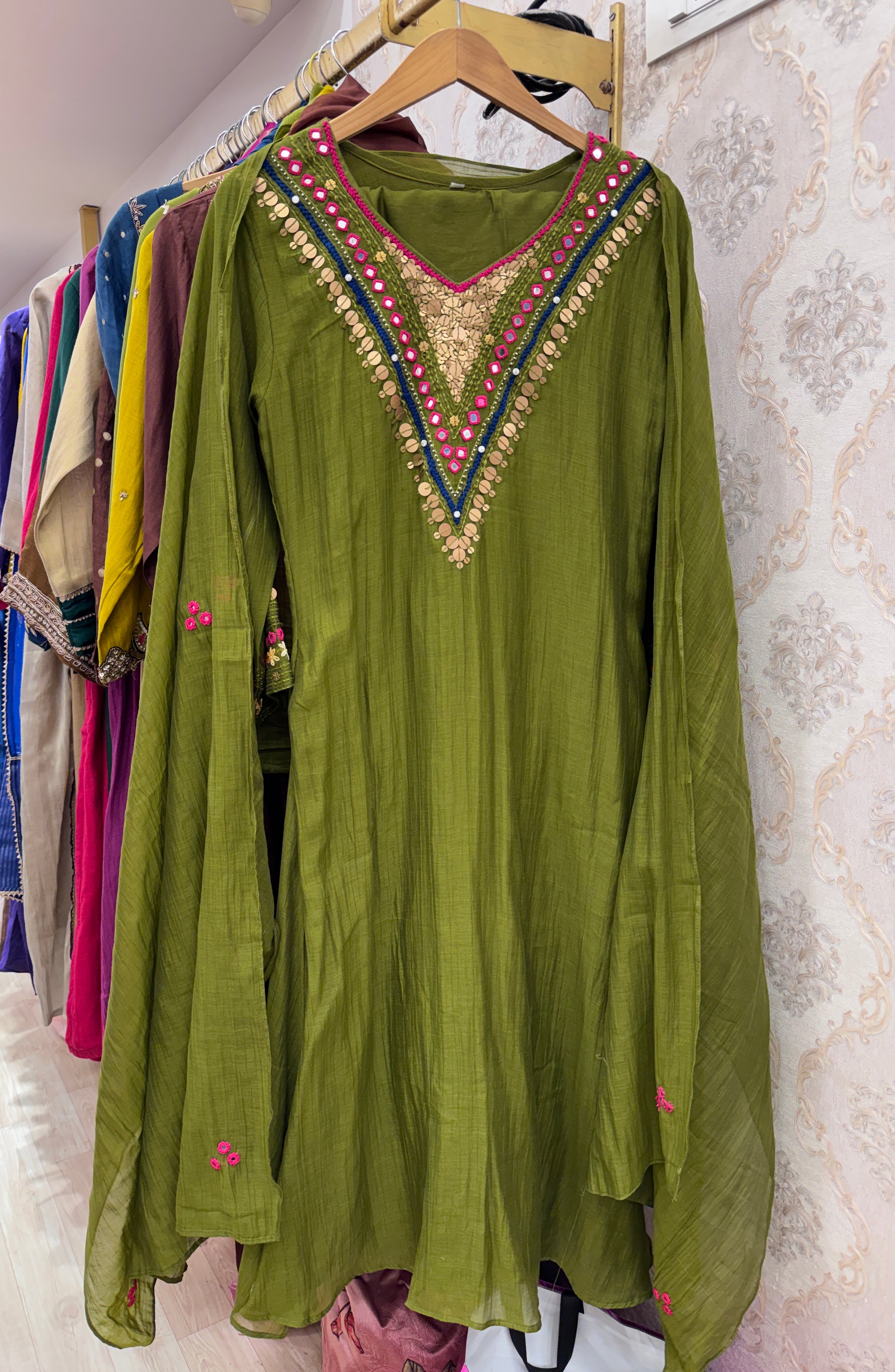 Hiya Mul Chanderi Mirror Work Dress- Green