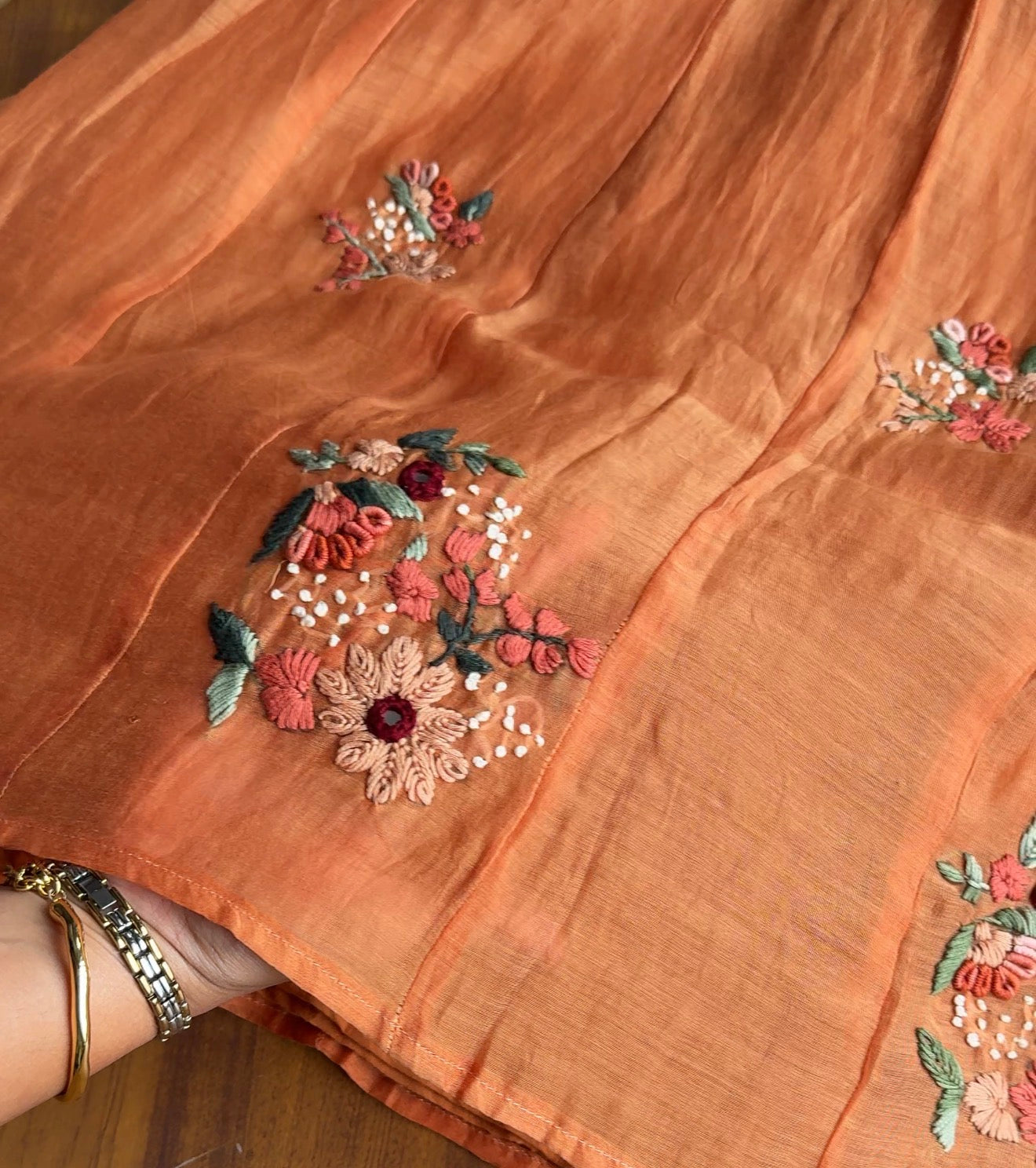 Kiran floral katha Mul Chanderi Anarkali Dress-Orange