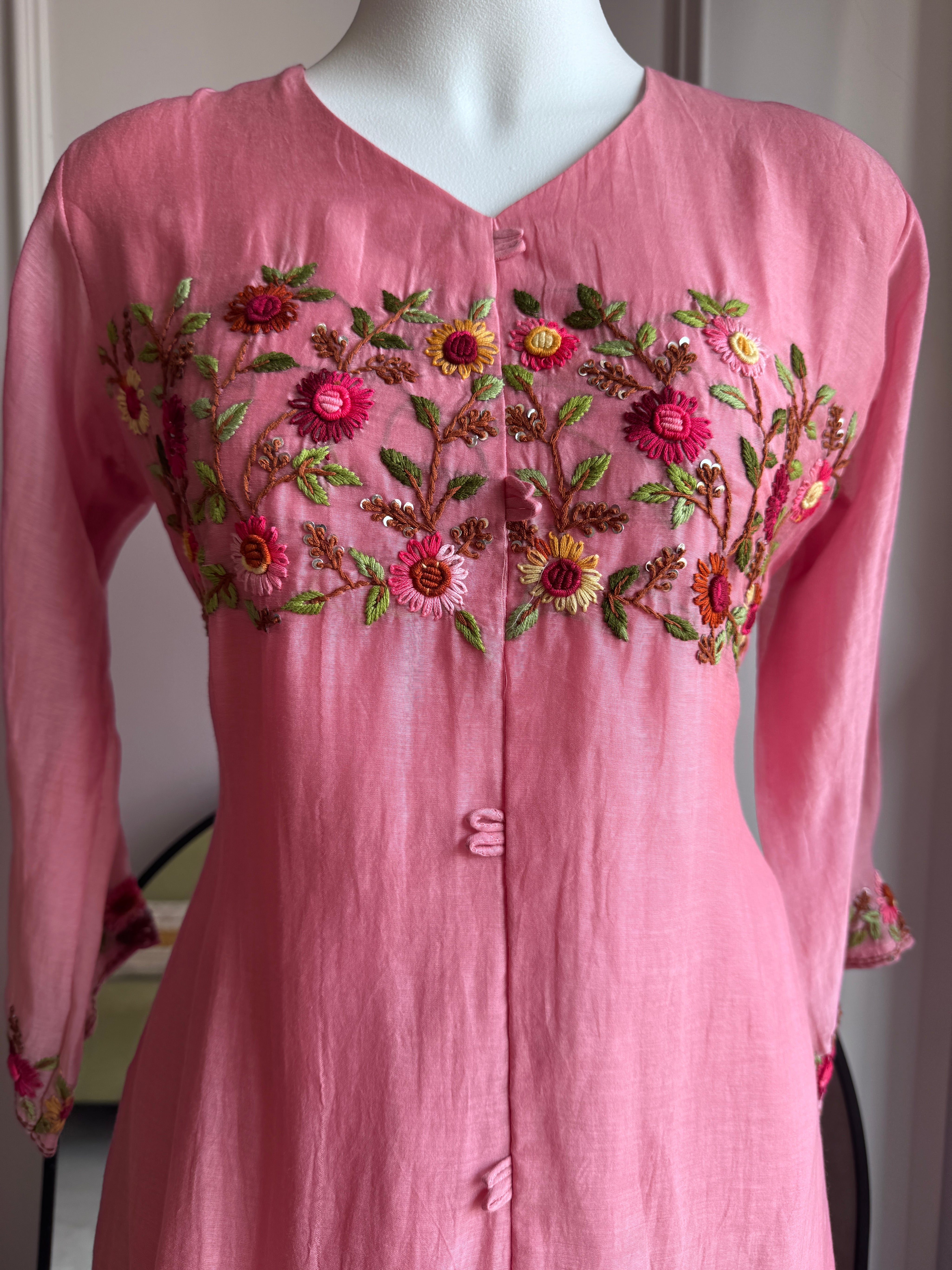 Nehal Embroided Mul Chanderi Dress- Pink (Make to Order)