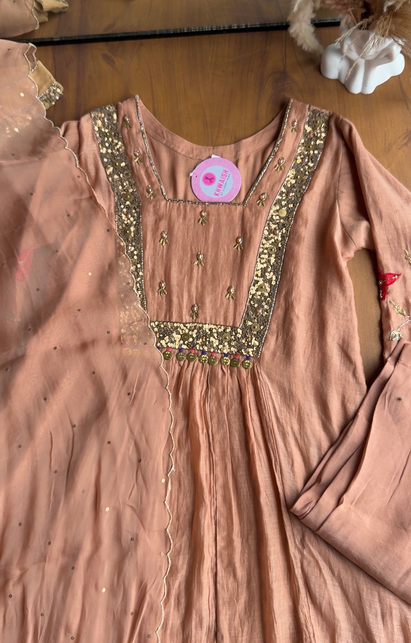 Janki Box Neck Handwork Dress-Peach