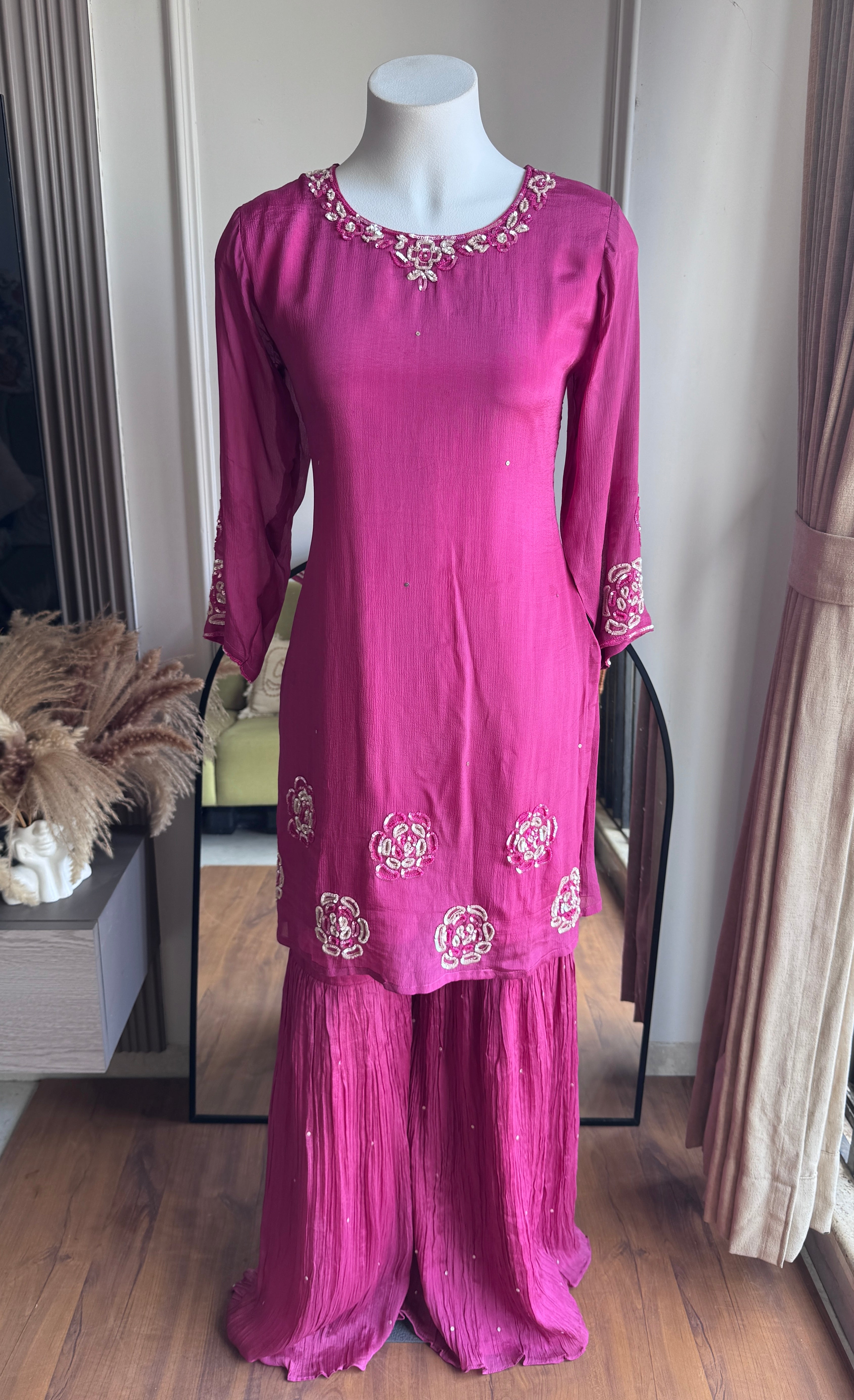 Esha Handwork Short Kurta Sharara Dress-Pink (Make to Order)