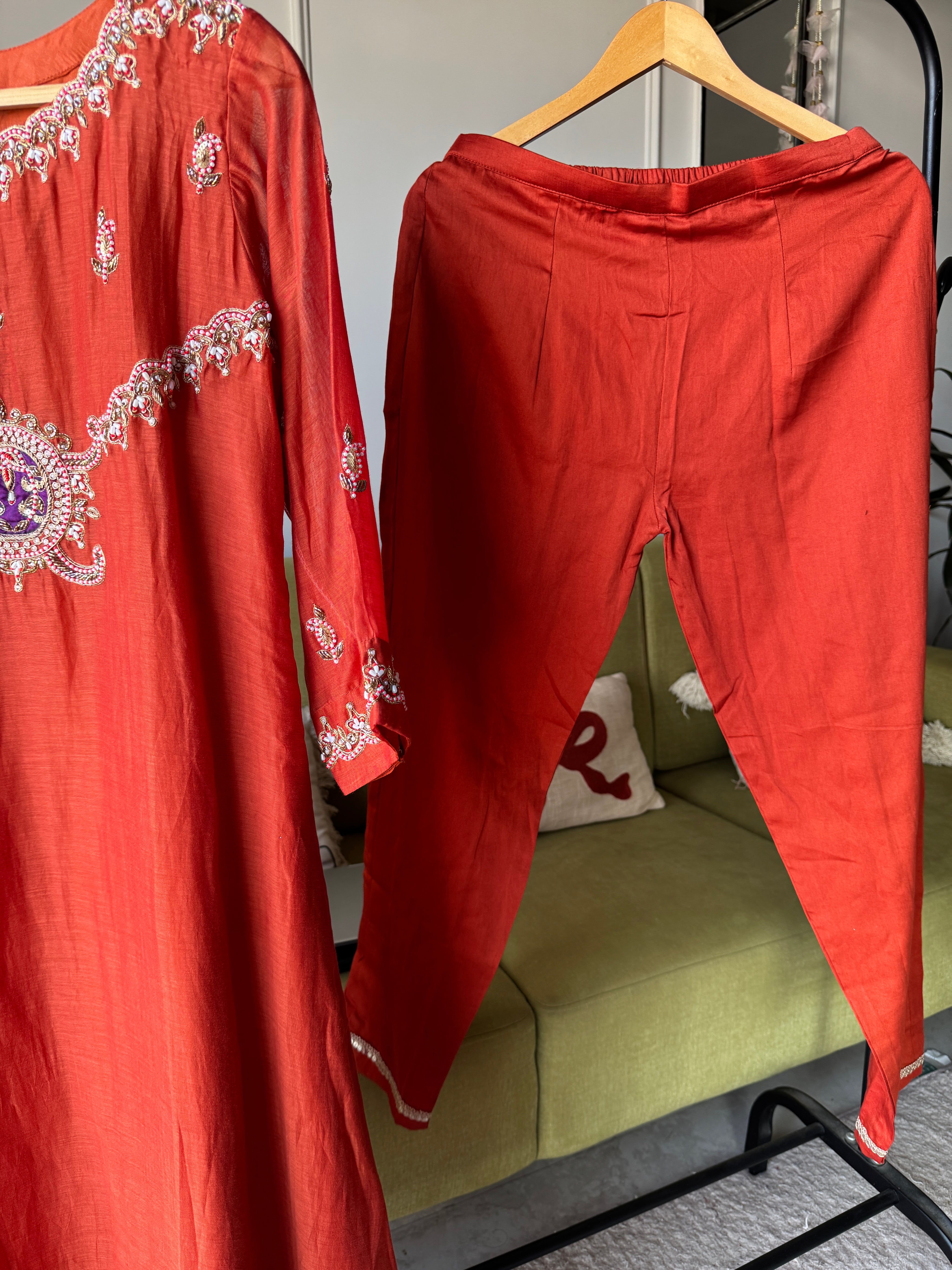 Tara Handwork Mul Chanderi Dress- Rust