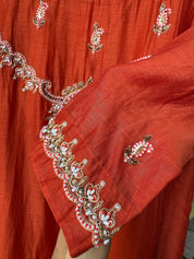 Tara Handwork Mul Chanderi Dress- Rust