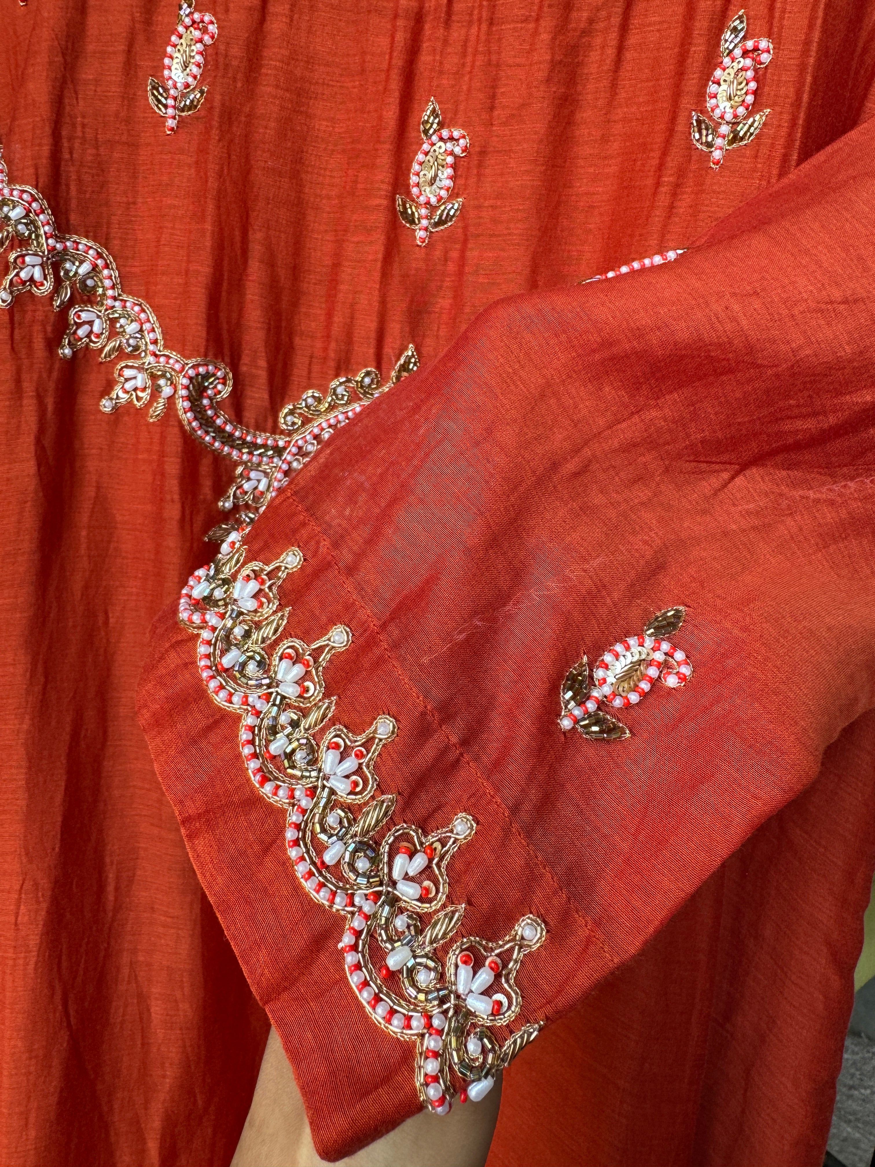 Tara Handwork Mul Chanderi Dress- Rust