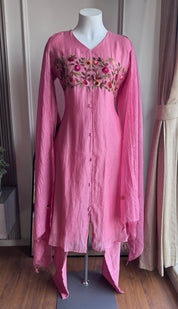Nehal Embroided Mul Chanderi Dress- Pink (Make to Order)
