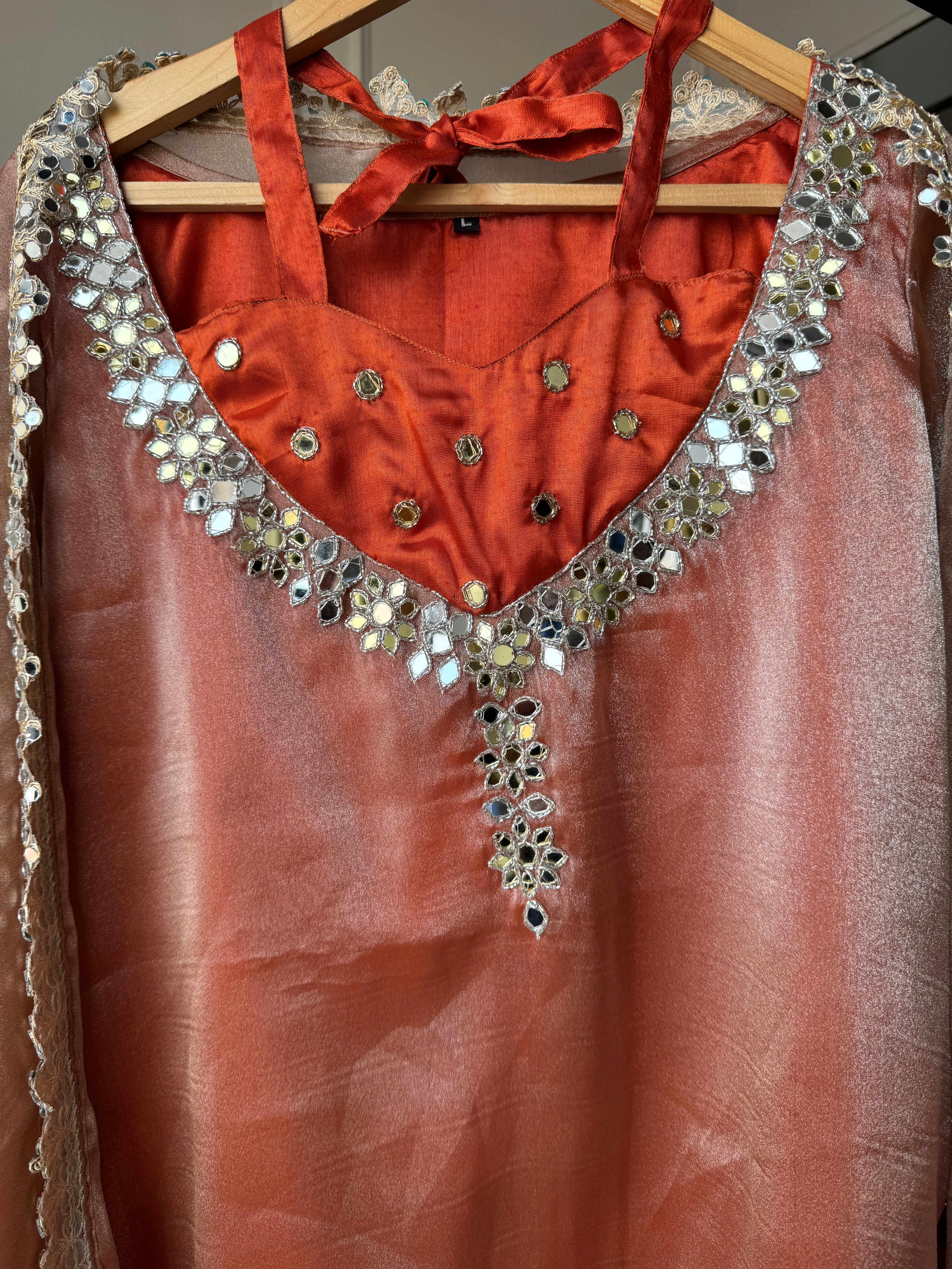 Niha Glass Tissue Mirror Work Dress- Rust