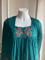 Somya box neck embroidered mul cotton dress (teal blue)