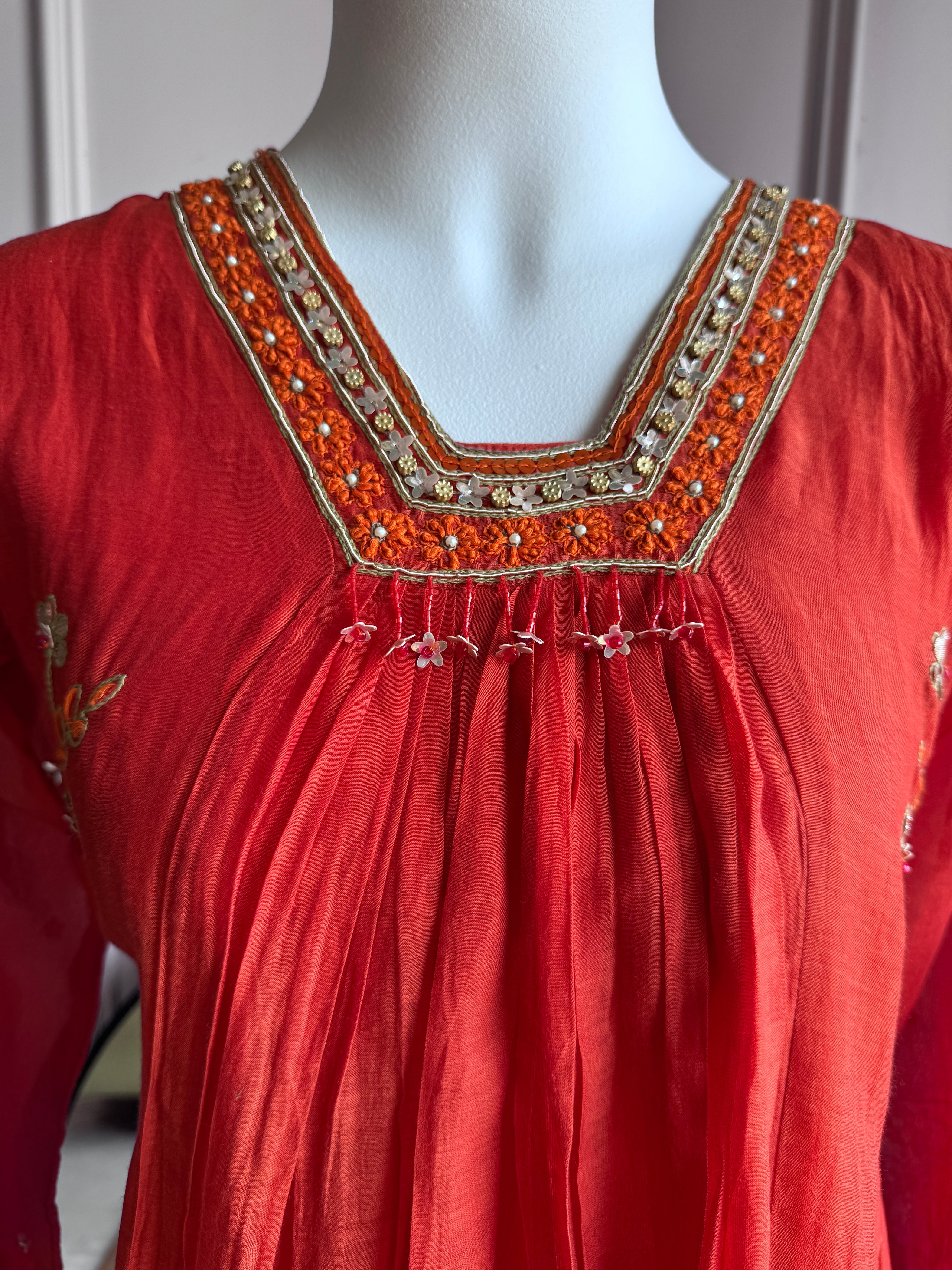 Nishtha Handwork Mul Chanderi Aline Dress- Rust