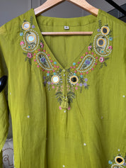 Mannat Pocket Embroided Mul Cotton Dress-Pista Green