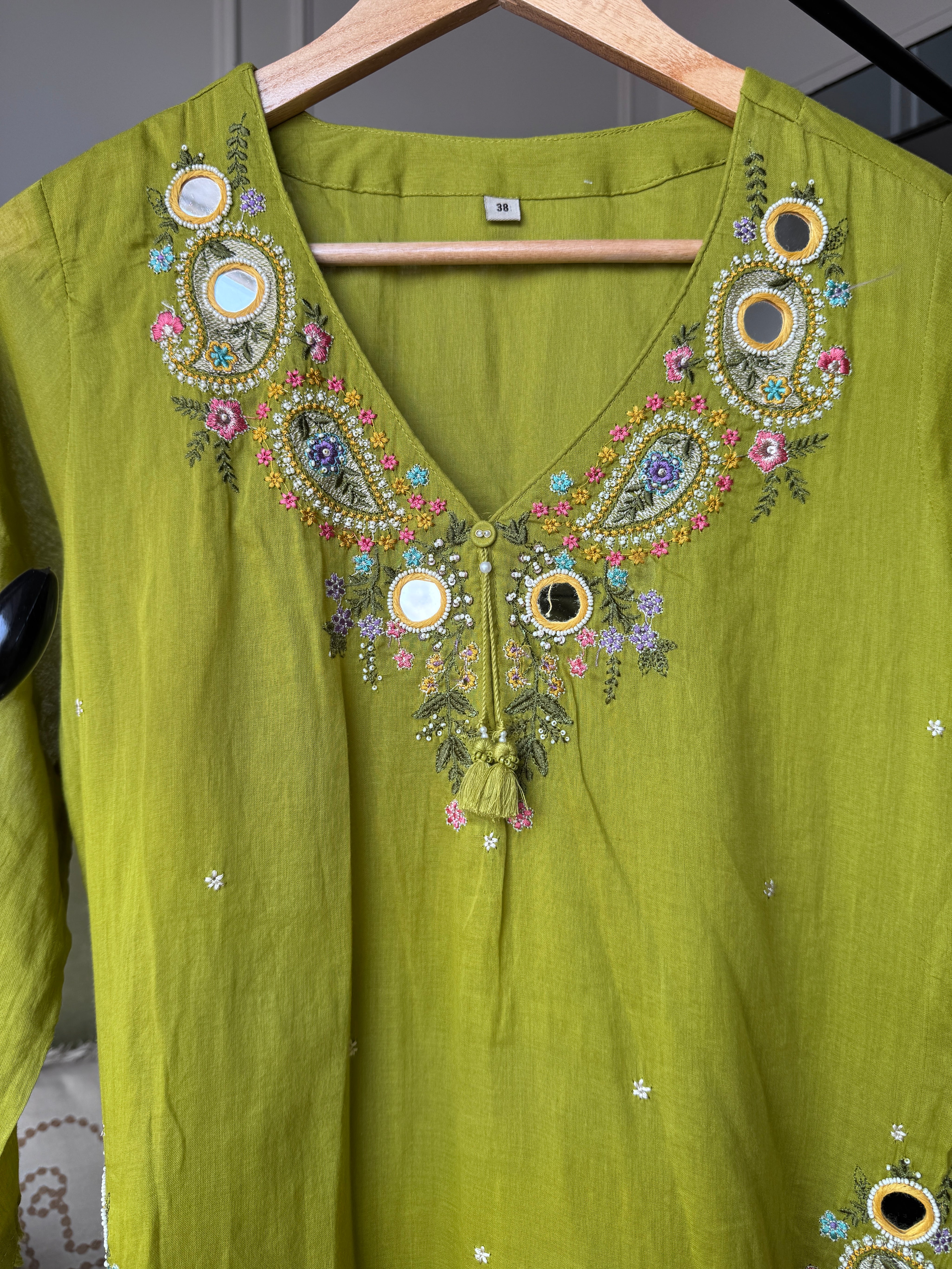 Mannat Pocket Embroided Mul Cotton Dress-Pista Green