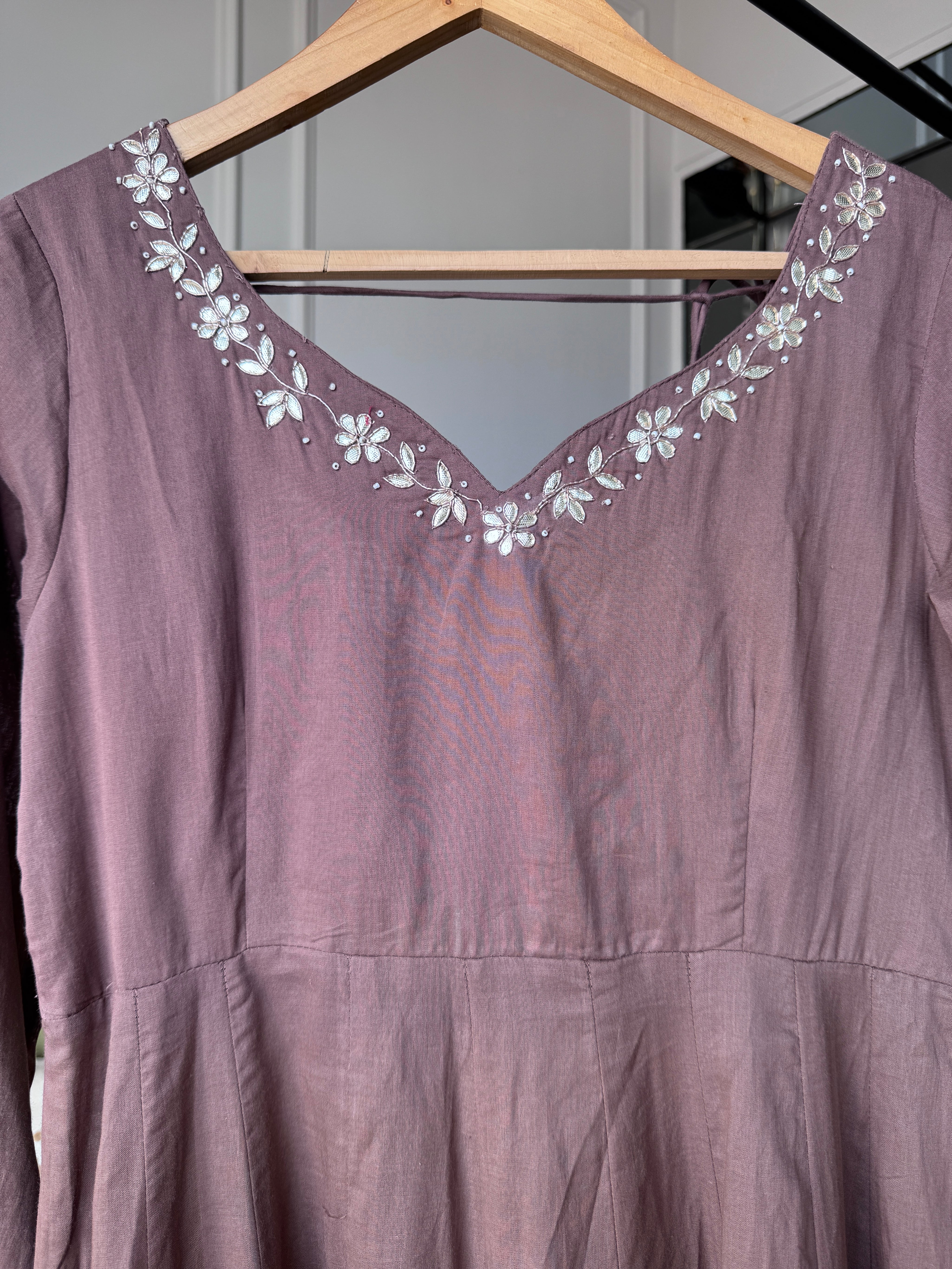 Kapila Cotton Anarkali With Tie Back Pillow Tassels  - Brown