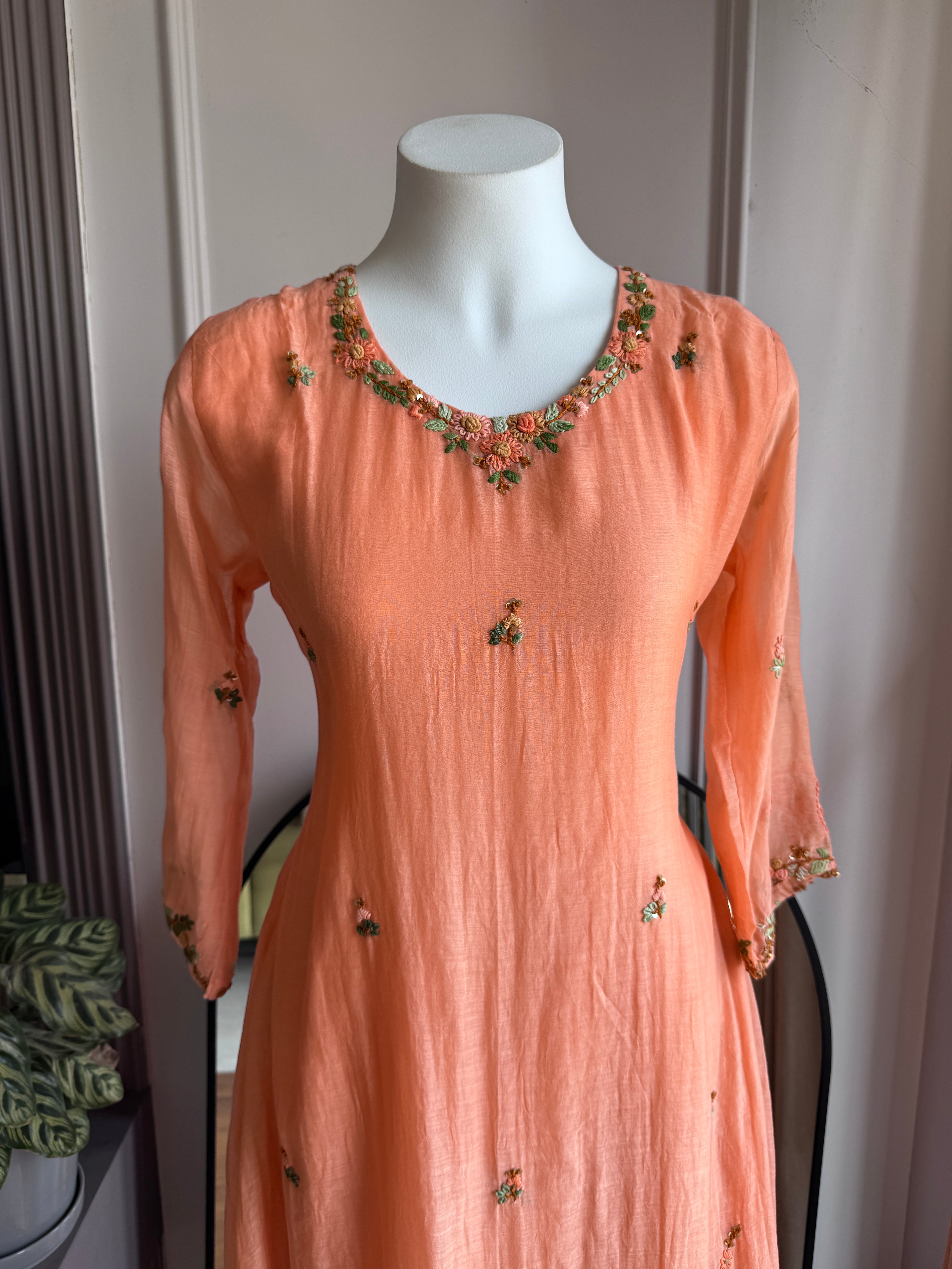 Hrida Katha Work Mul Chanderi Dress- Peach (Make to Order)