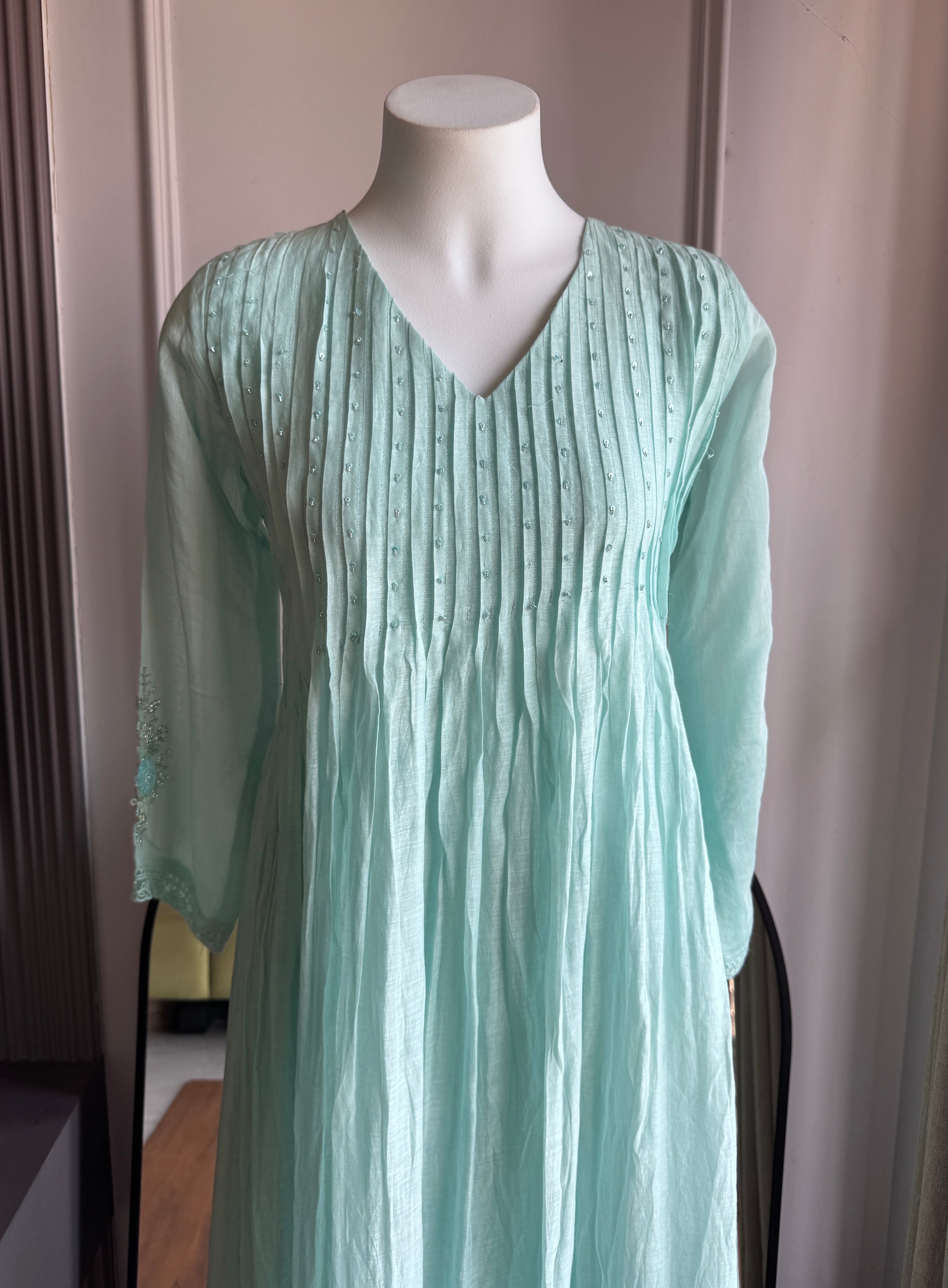 Pushti Handwork Mul Chanderi  Dress - Powder Blue