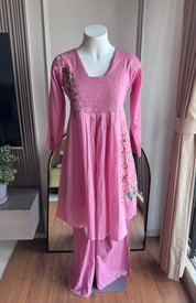 Deepika katha Work Short kurta With Plazzo Set- Pink