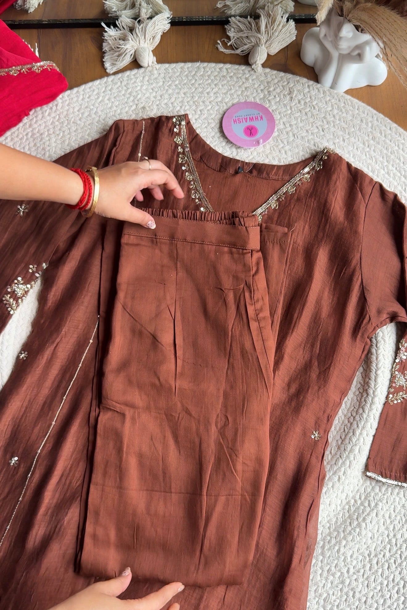 Akshara Hand Work Aline Dress- Brown