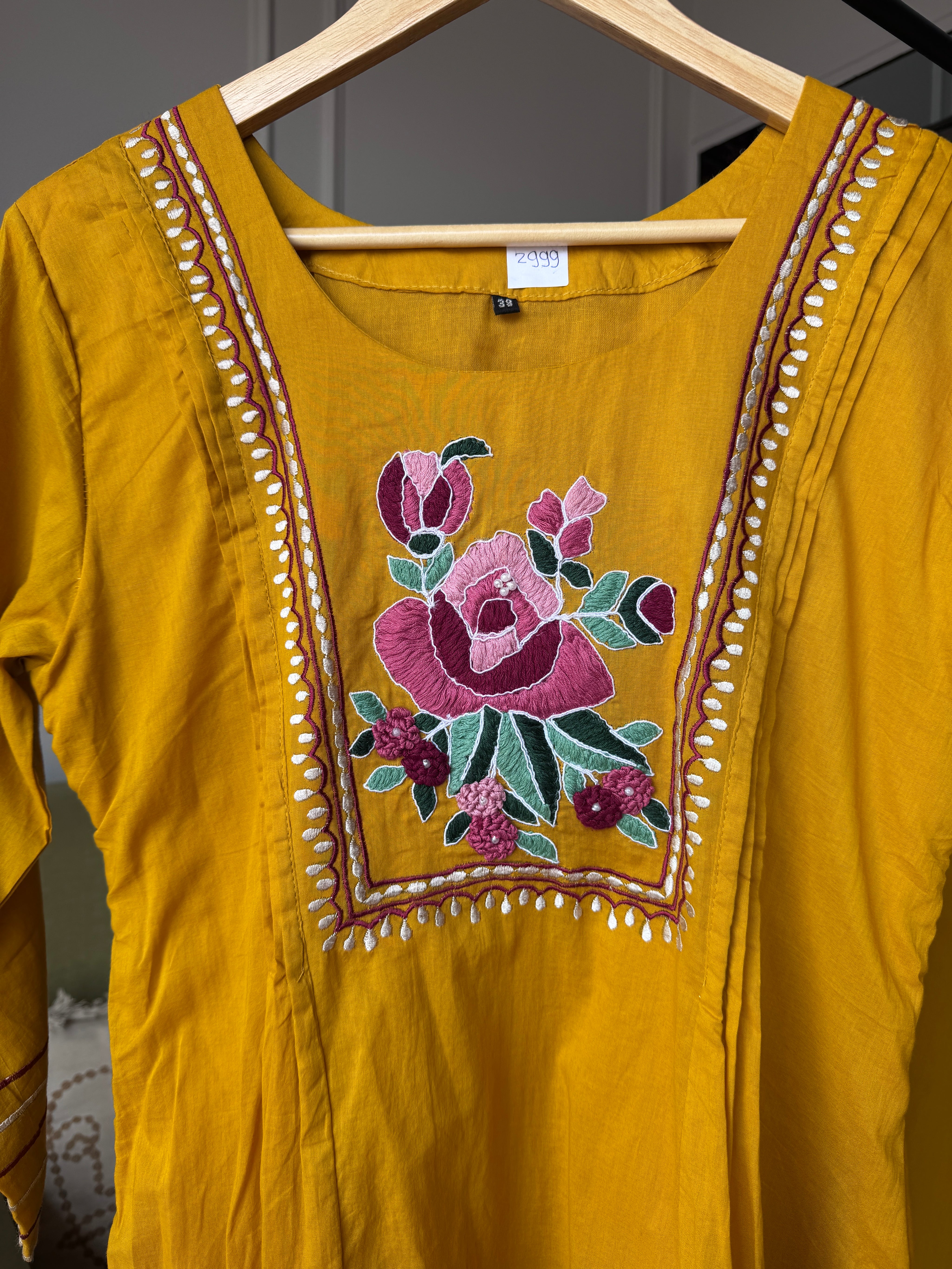 Niki Embroided Mul Cotton Dress- Musturd