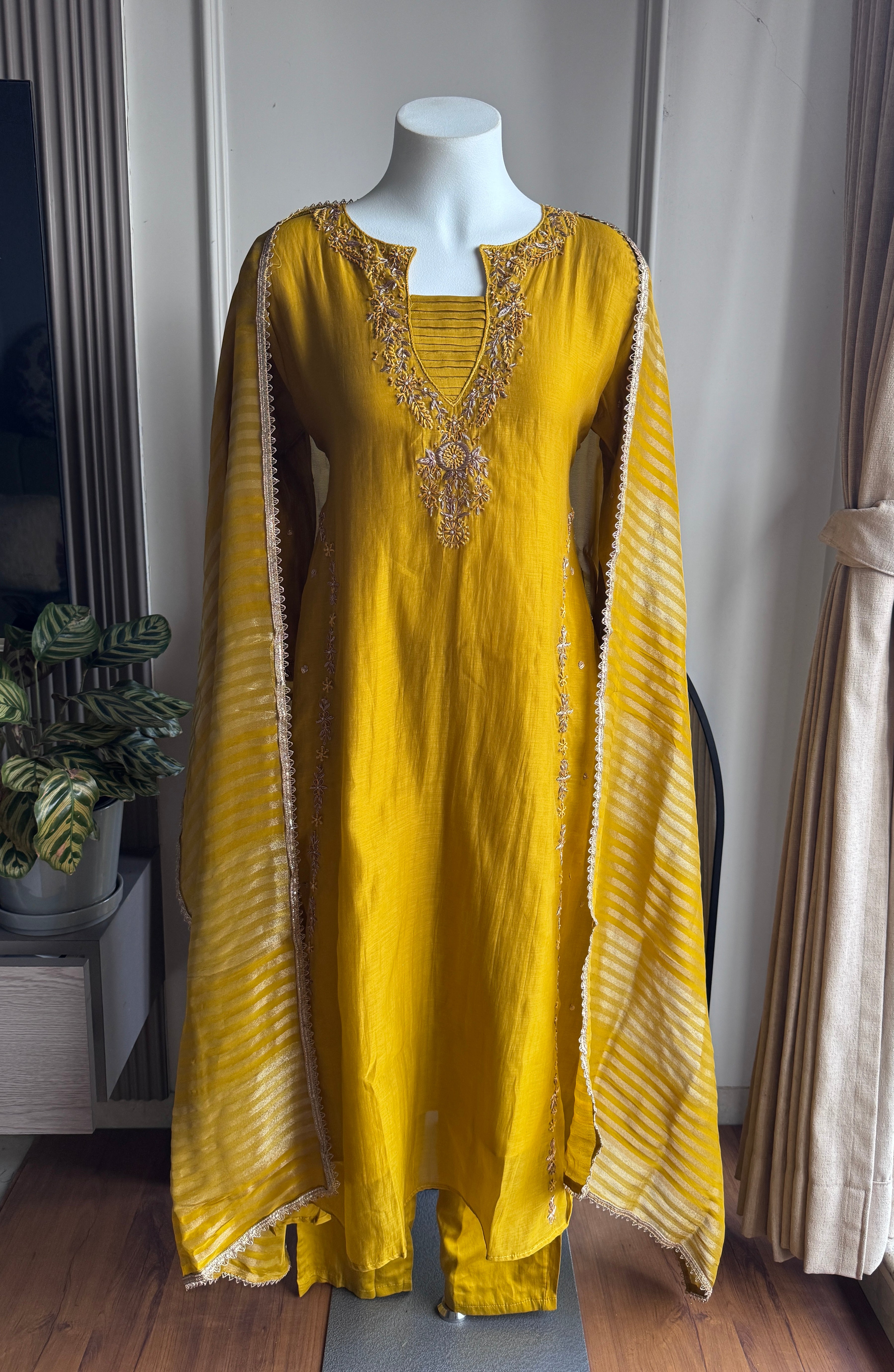 Sweena Handwork Mul Chanderi Dress- Yellow