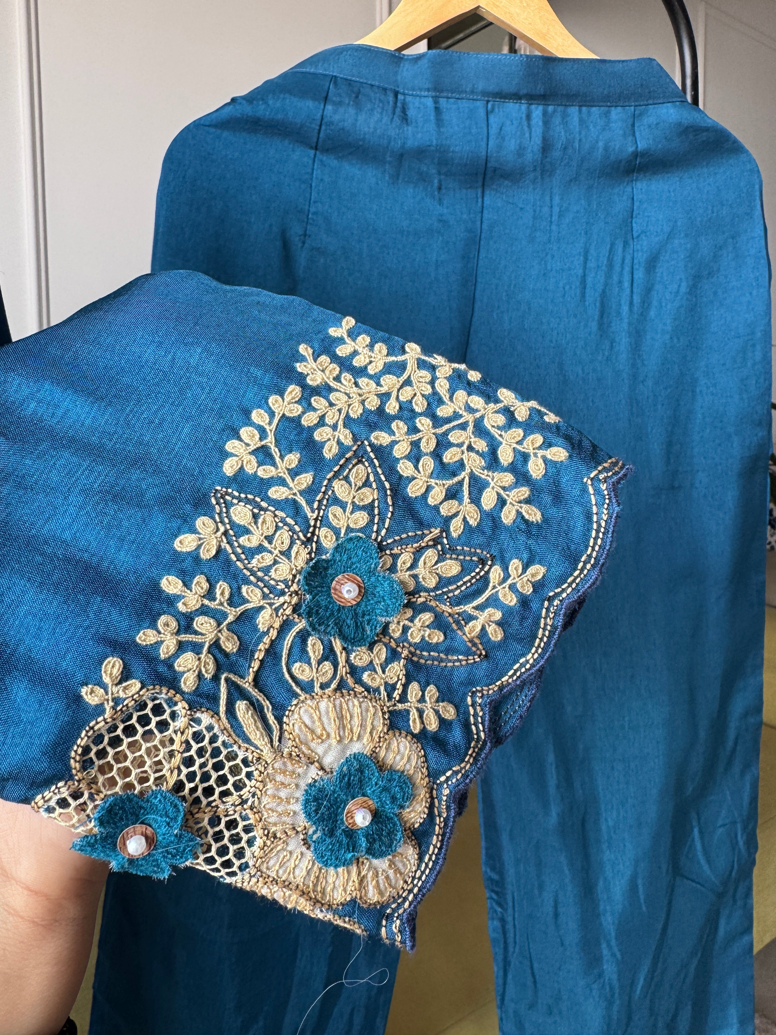 Rasika Embroided Russian Silk Dress-Blue